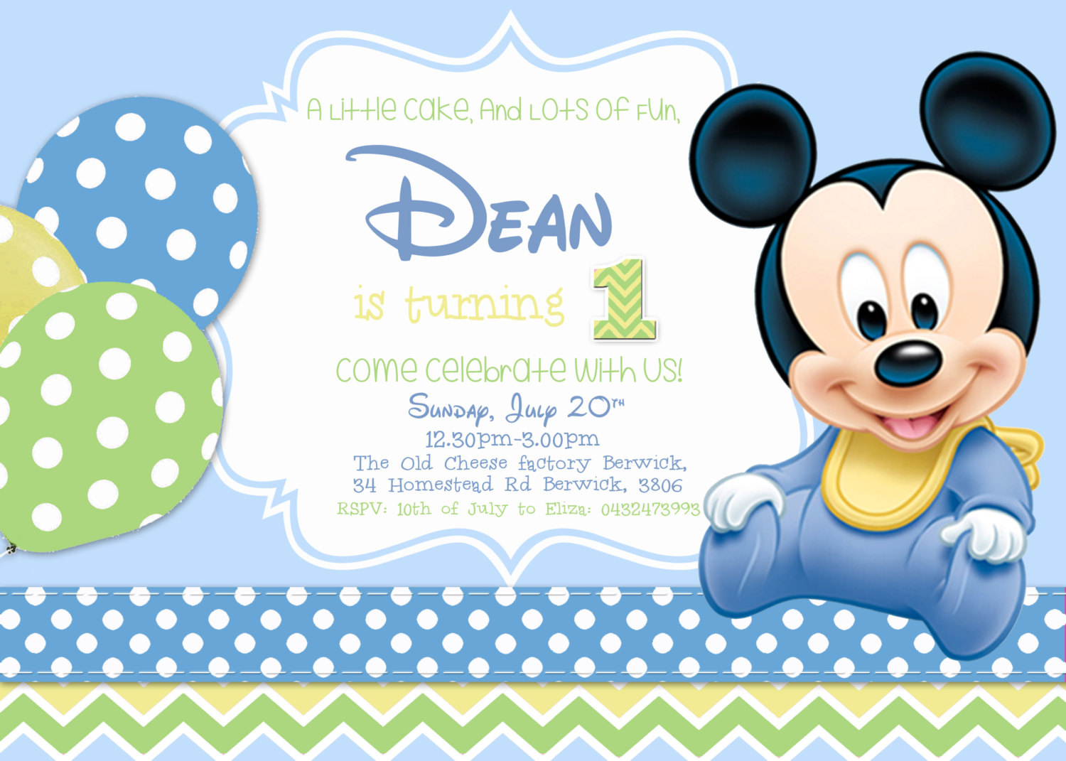 Baby Mickey Birthday Invitation Boy Birthday  By Artisangalore