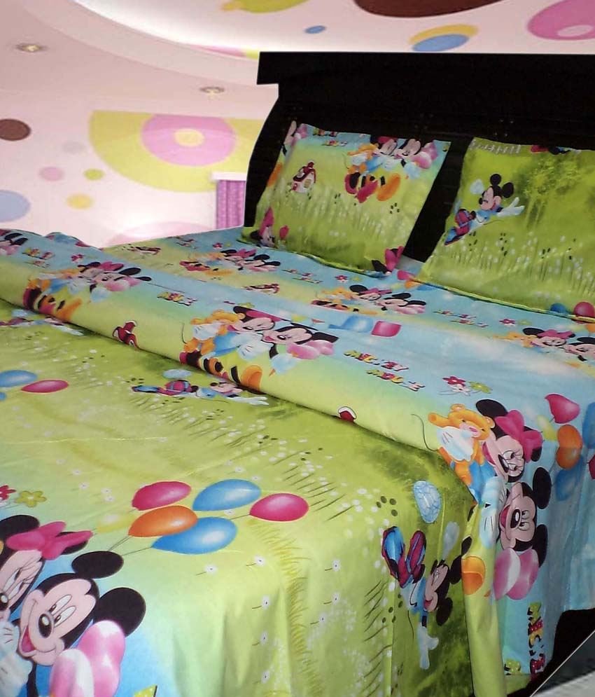 Riyasat Mickey Mouse Double Bed Sheet With 2 Pillow Covers