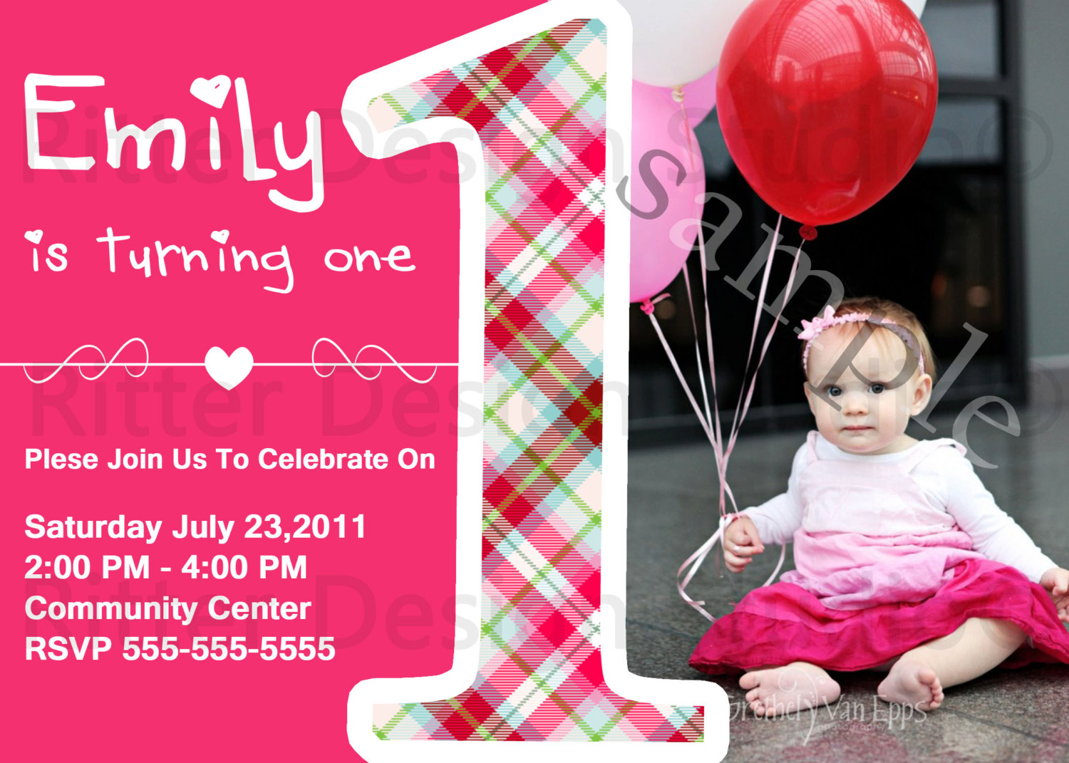 Baby Girl First Birthday Party Invitations