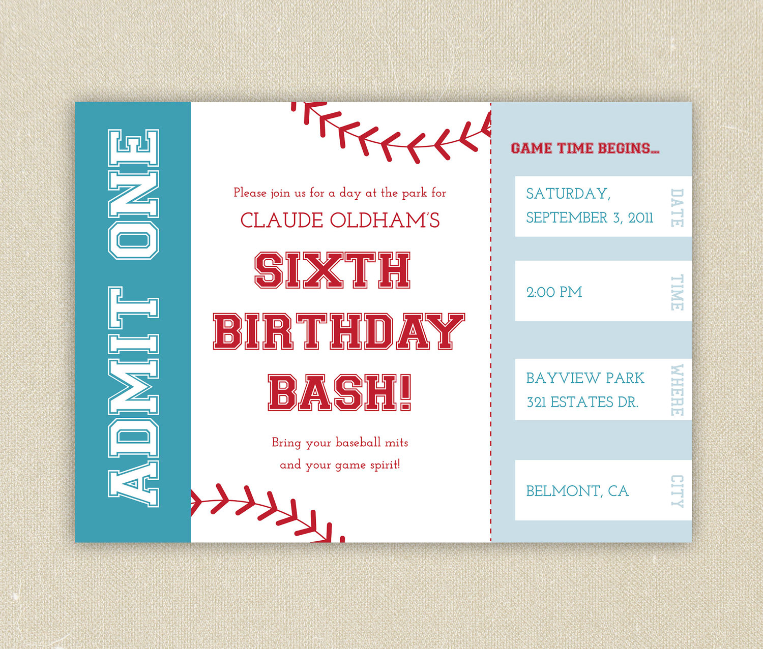 Baseball Ticket Themed Birthday Party Invitation