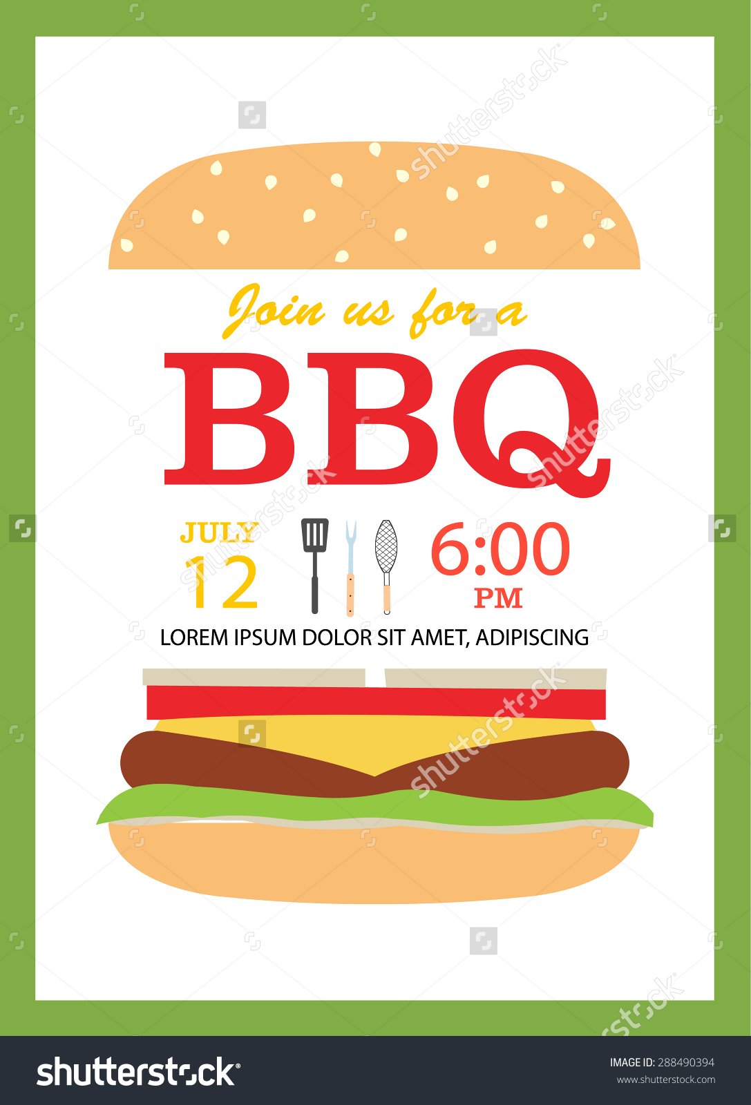 Bbq Party Invitation Card With Hamburger And Cooking Tools Stock