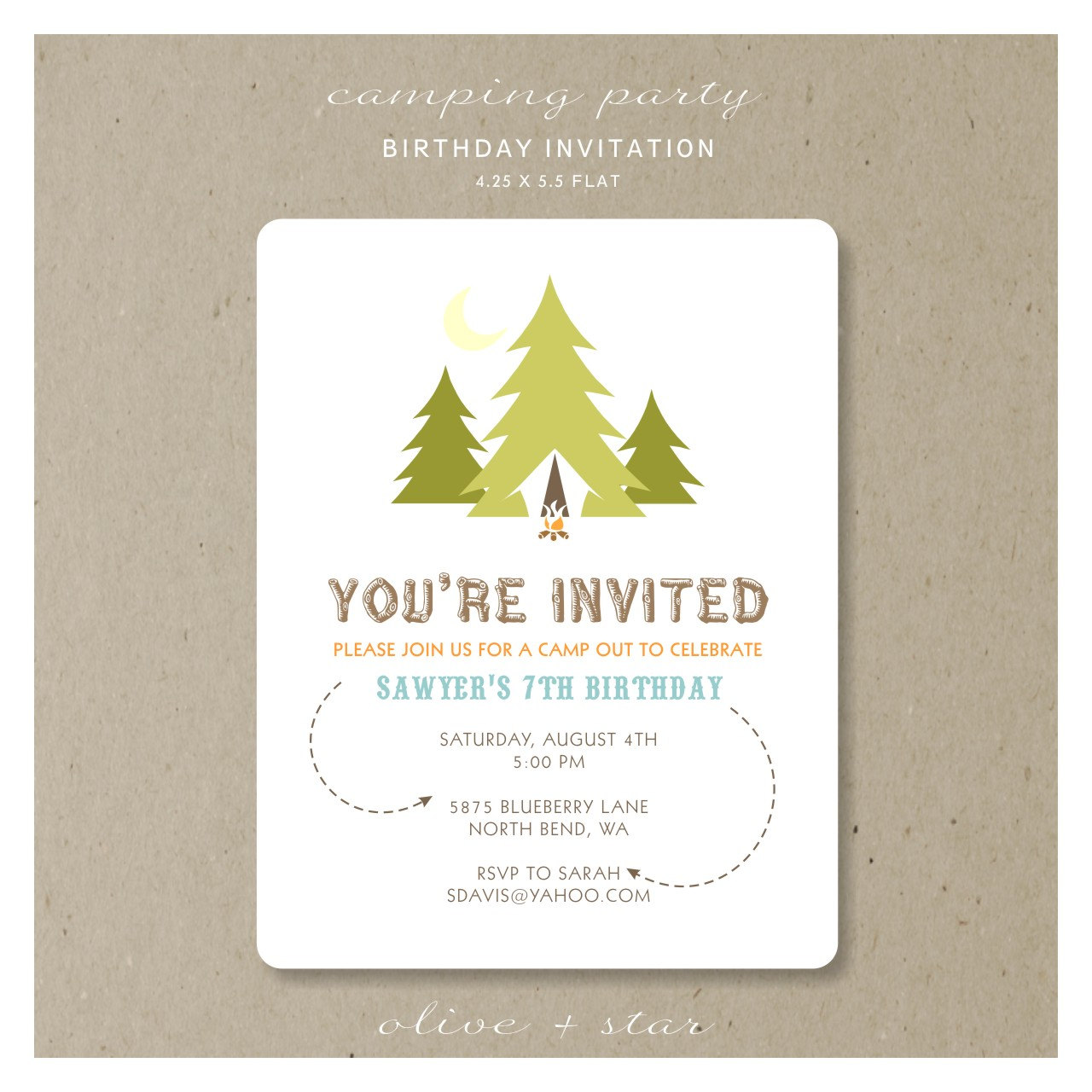 Camping Party Kids Birthday Invitation Set    Baby Shower