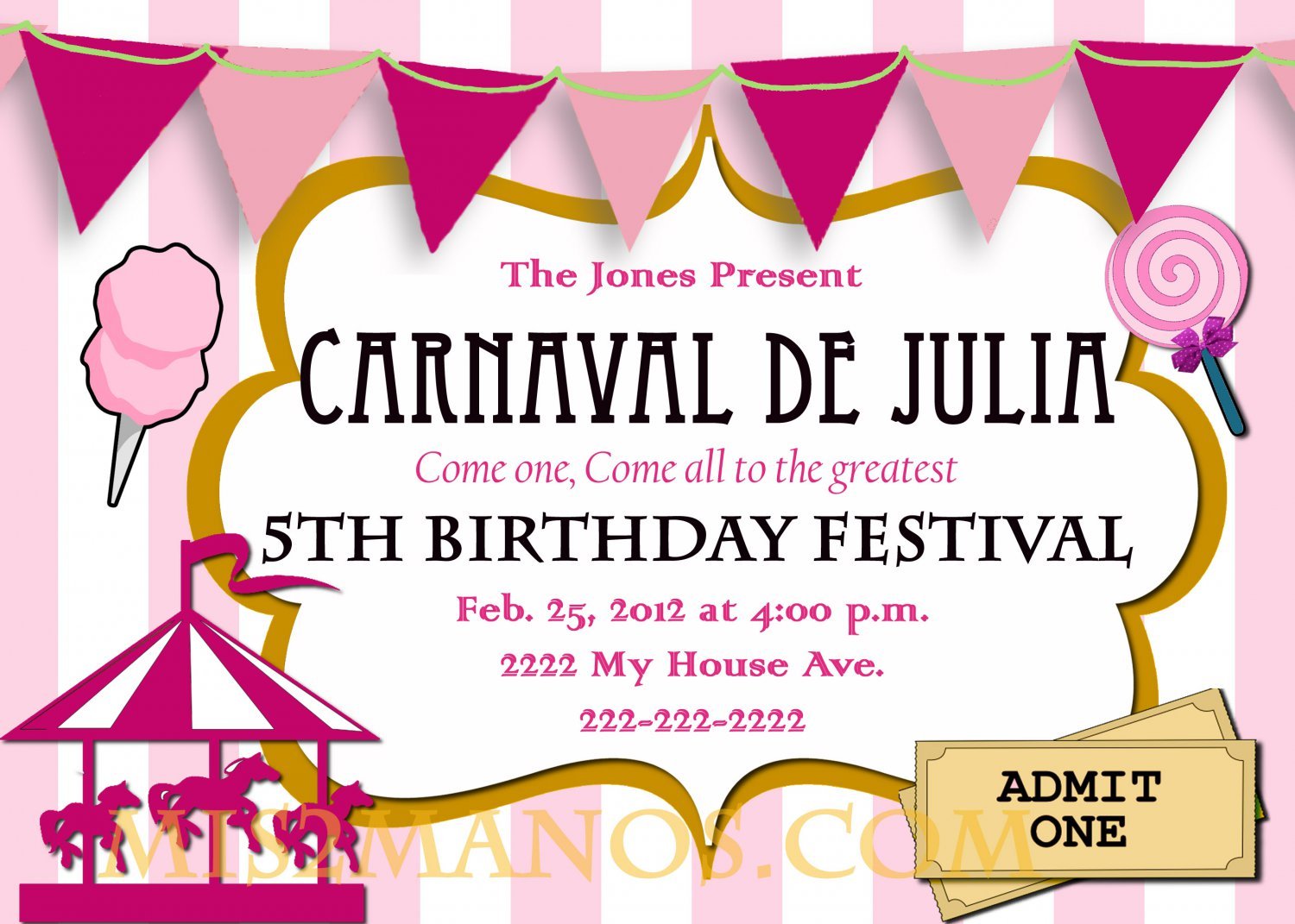 Carnival Birthday Party Invitation Diy Printable Pink Custom Order