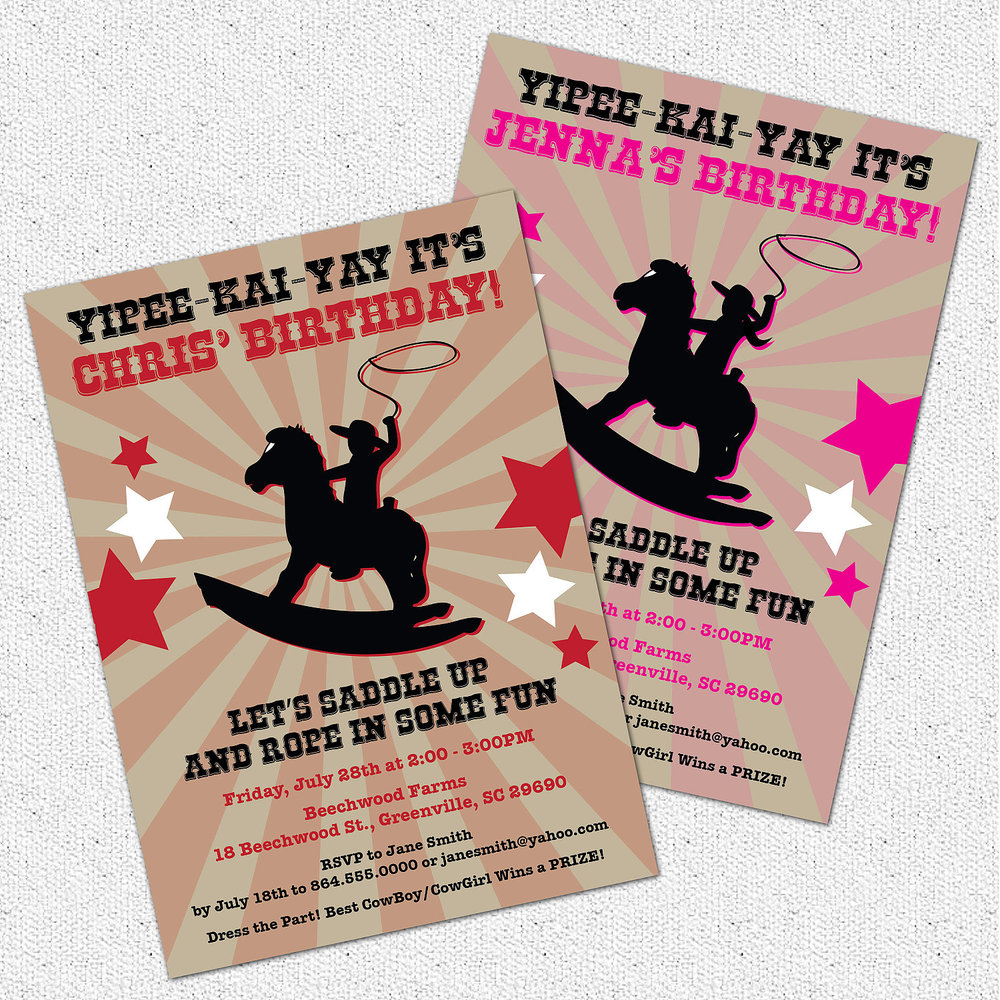 Cowboy Cowgirl Birthday Party Invitations, Rocking Horse, Boy Or