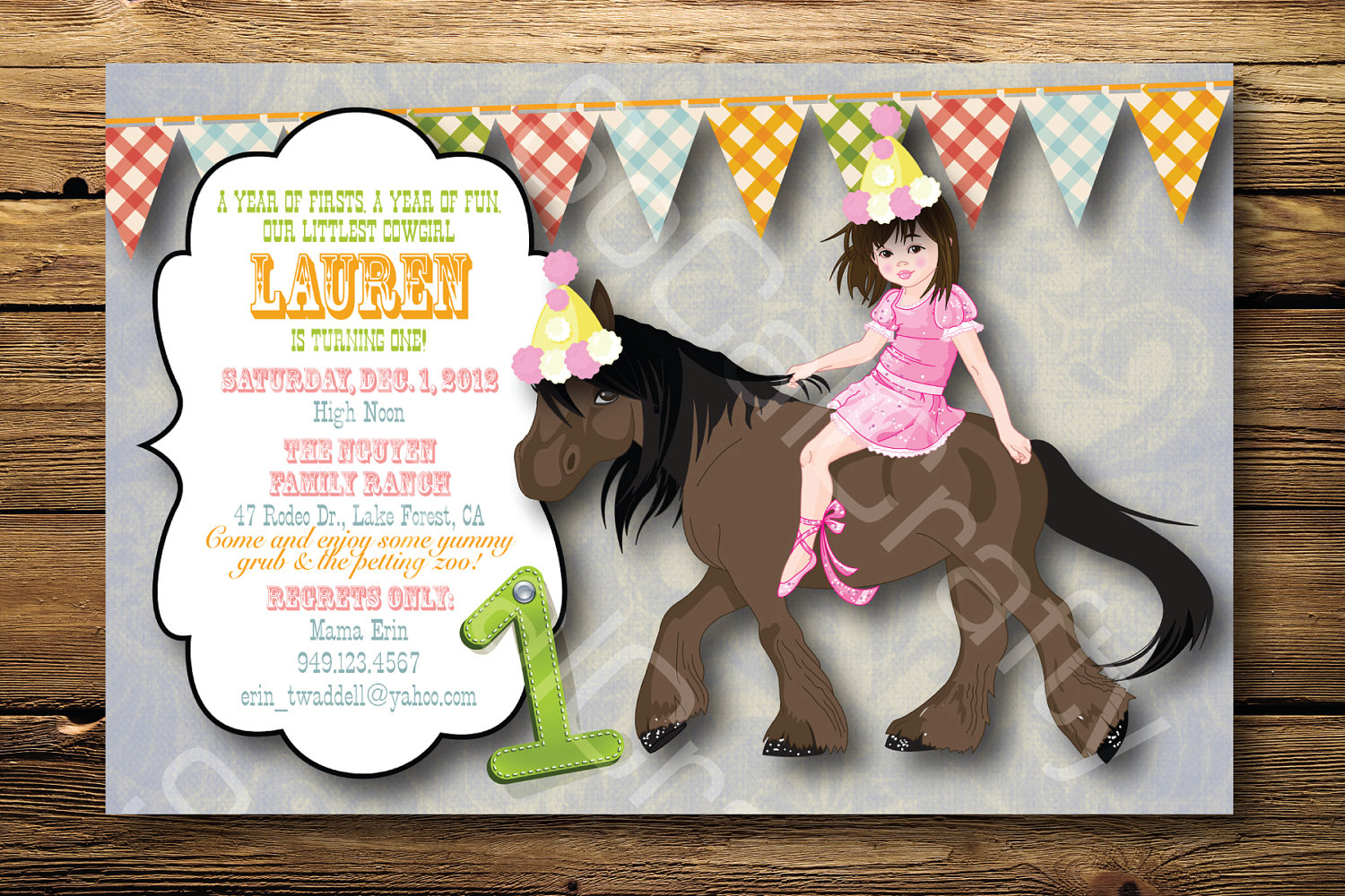 Cowgirl Birthday Party Invitation, Horse, Shabby Chic, Country