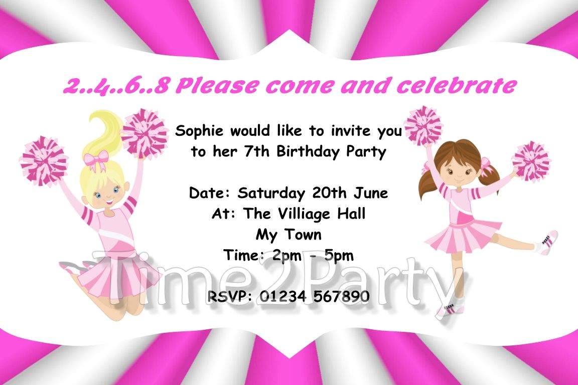 Cute Kids Personalised Birthday Party Invitations Cheerleader