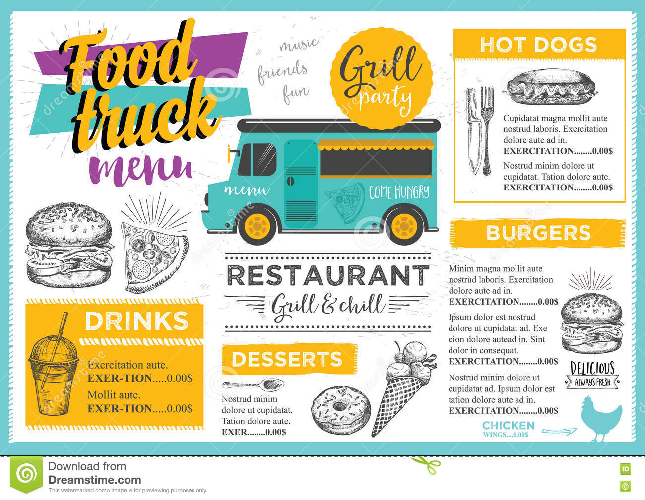 Food Truck Party Invitation  Food Menu Template Design  Stock