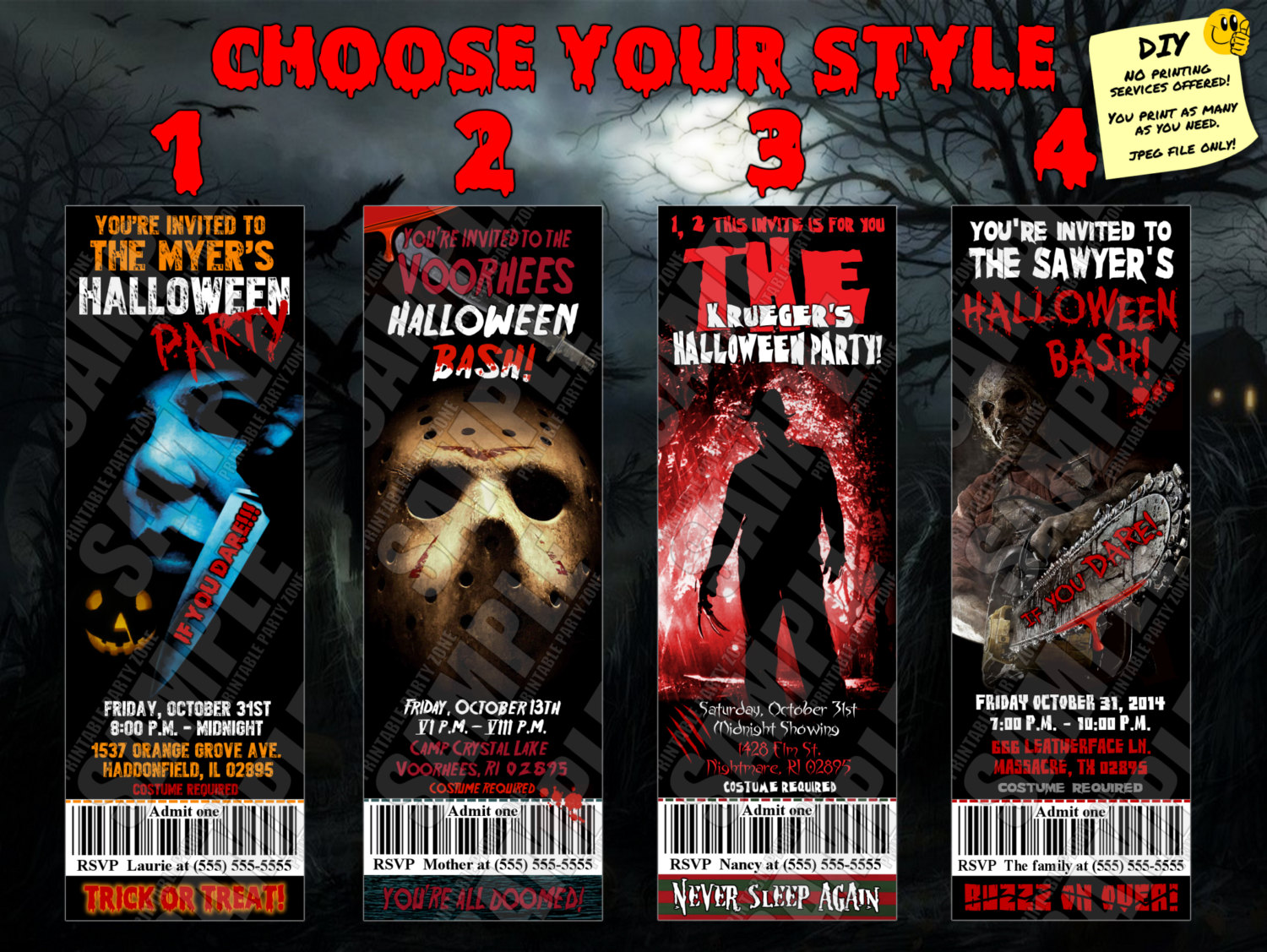 Halloween Ticket Invitations Horror Movie Printable Invite