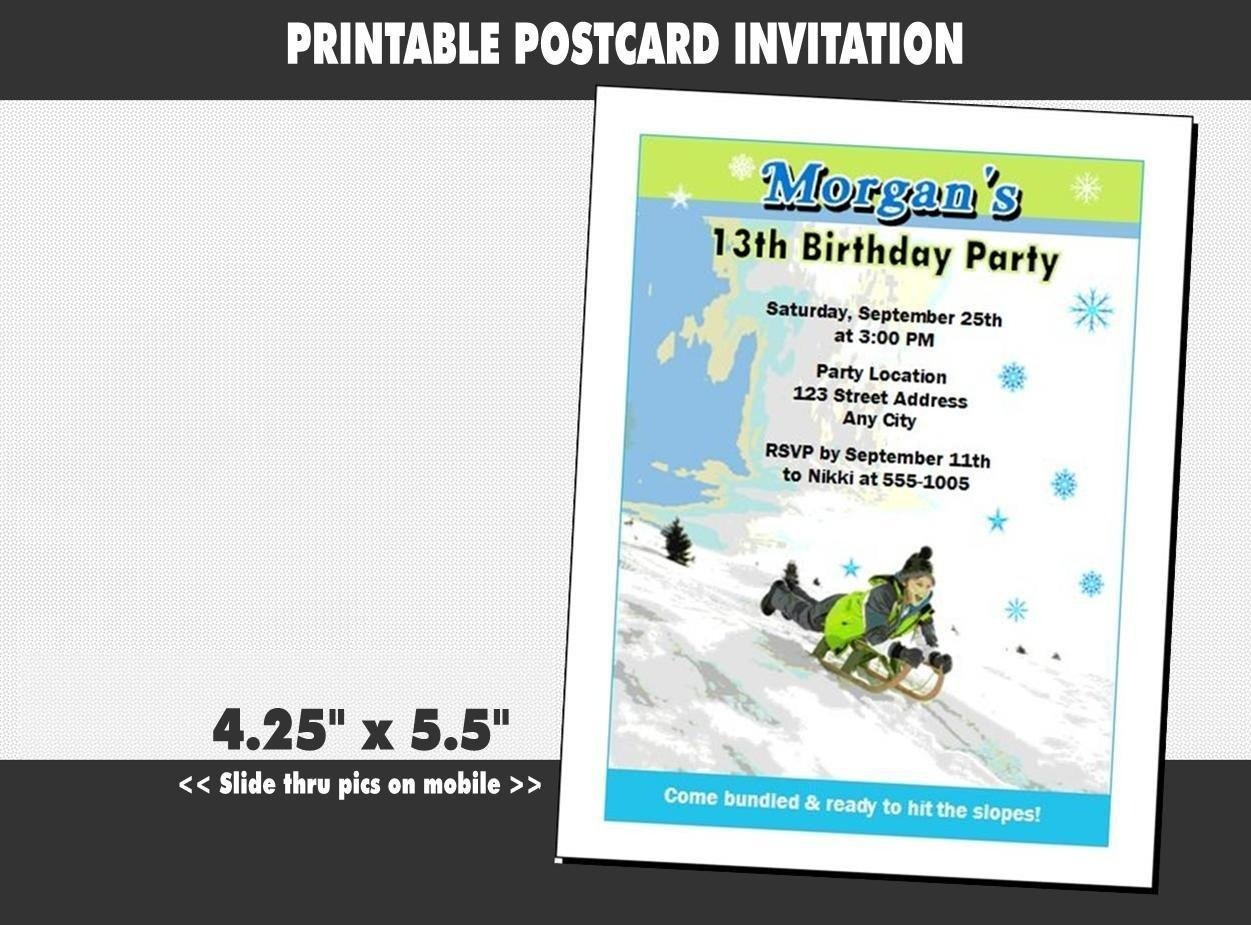 Snow Sledding Birthday Party Invitation, Printable