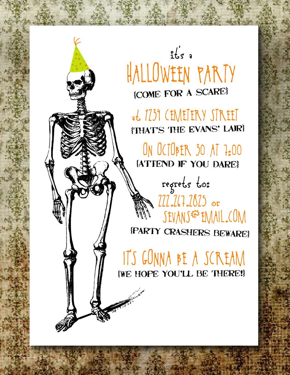 Spooky Halloween Party Invitation Card With Skeleton Decals By