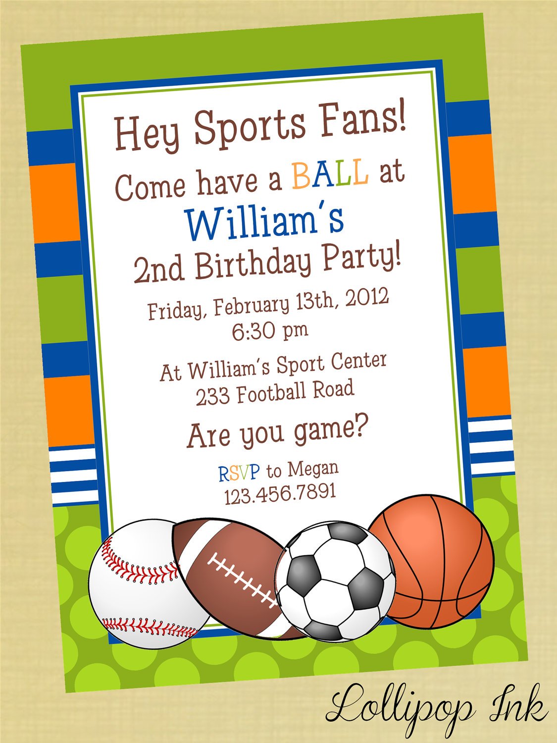 Sports Printable Birthday Invitation, Personalized Sports Birthday