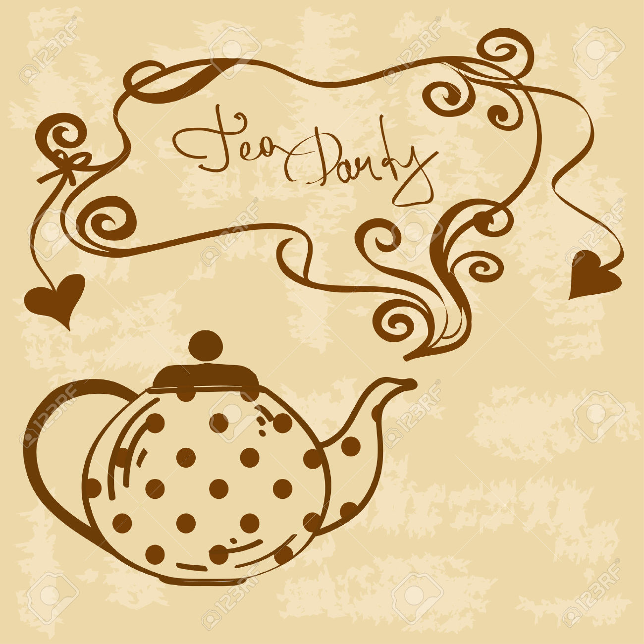 Tea Party Invitation With Brown Teapot On A Vintage Background