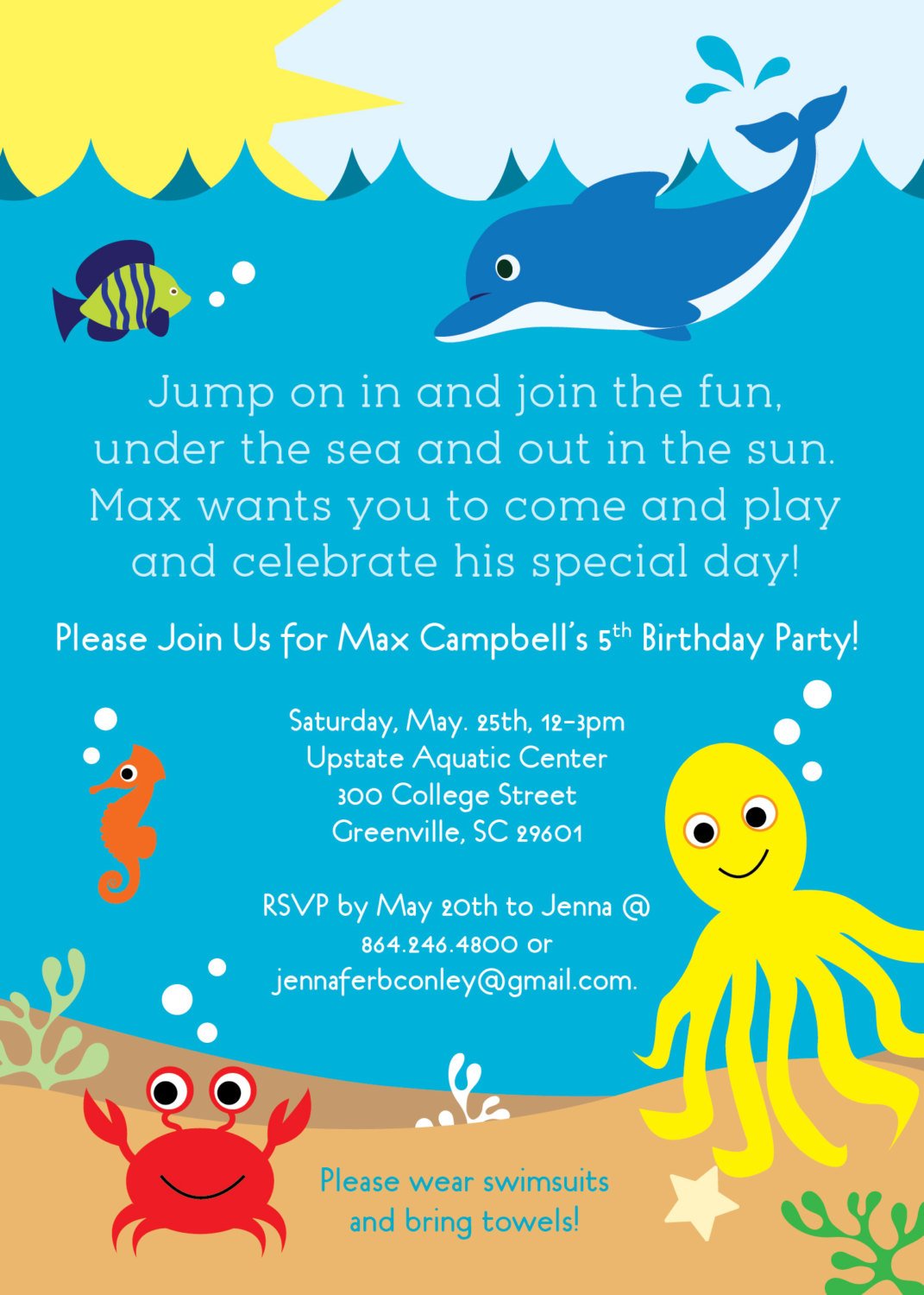 Under The Sea Birthday Party Invitations, Boy Or Girl, Sea Life