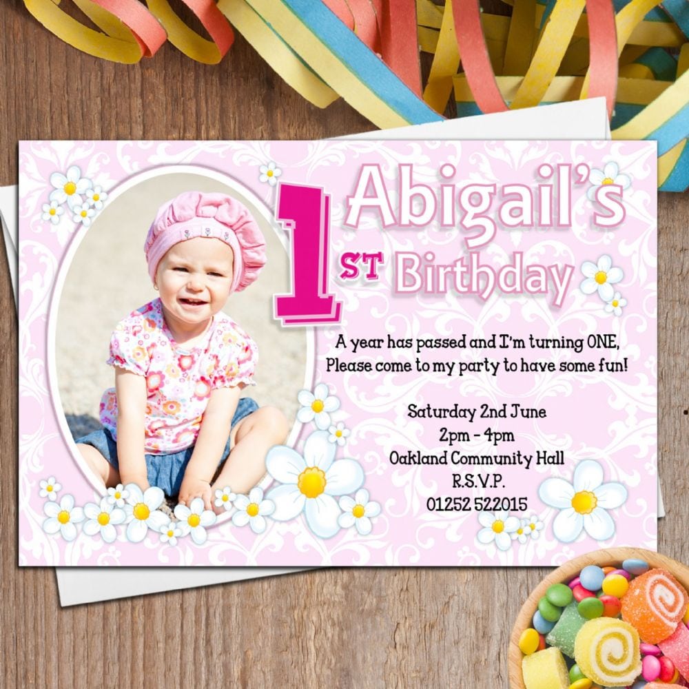 10 Personalised Girls First 1st Birthday Party Photo Invitations