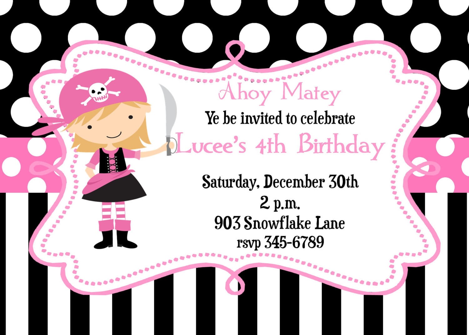 12 Pink Pirate Birthhday Party Invitations With Envelopes