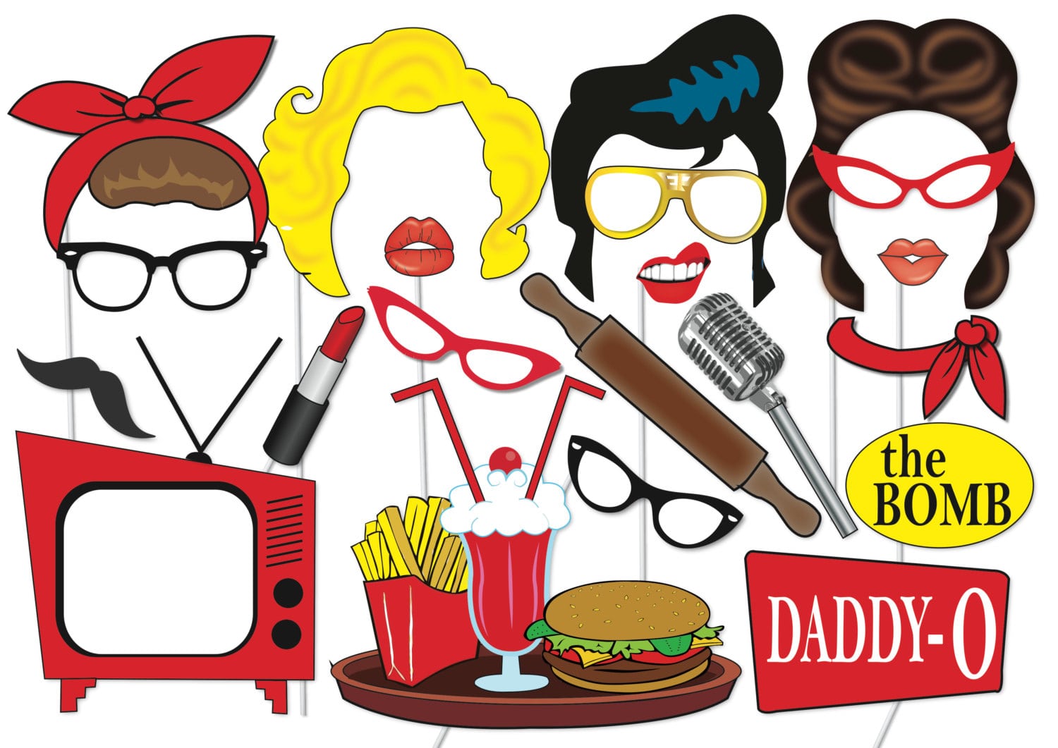 1950's Party Photo Booth Props Set 20 Piece Printable