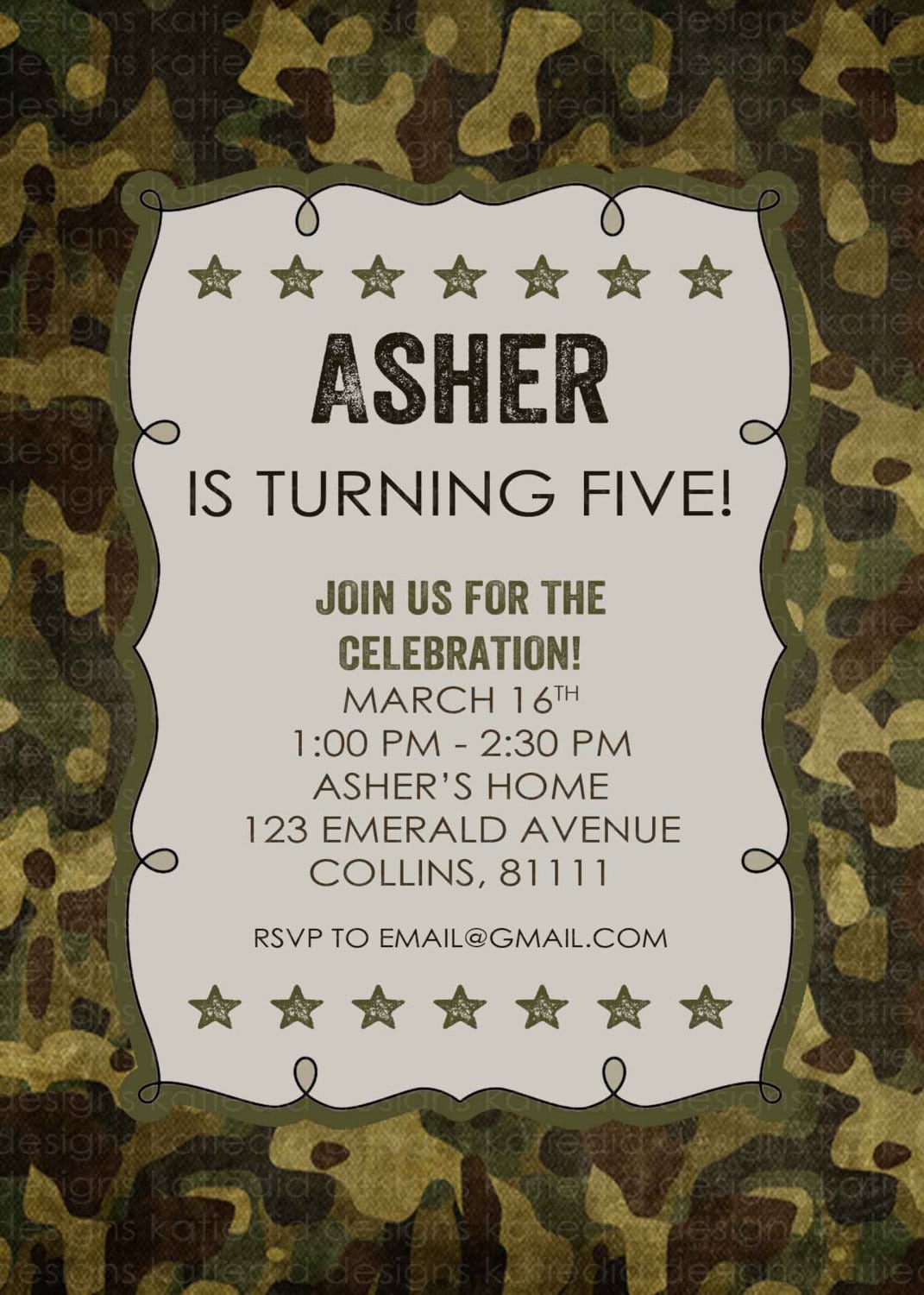 Army Birthday Invitation Baby Boy Shower Camo Party Camping Stars