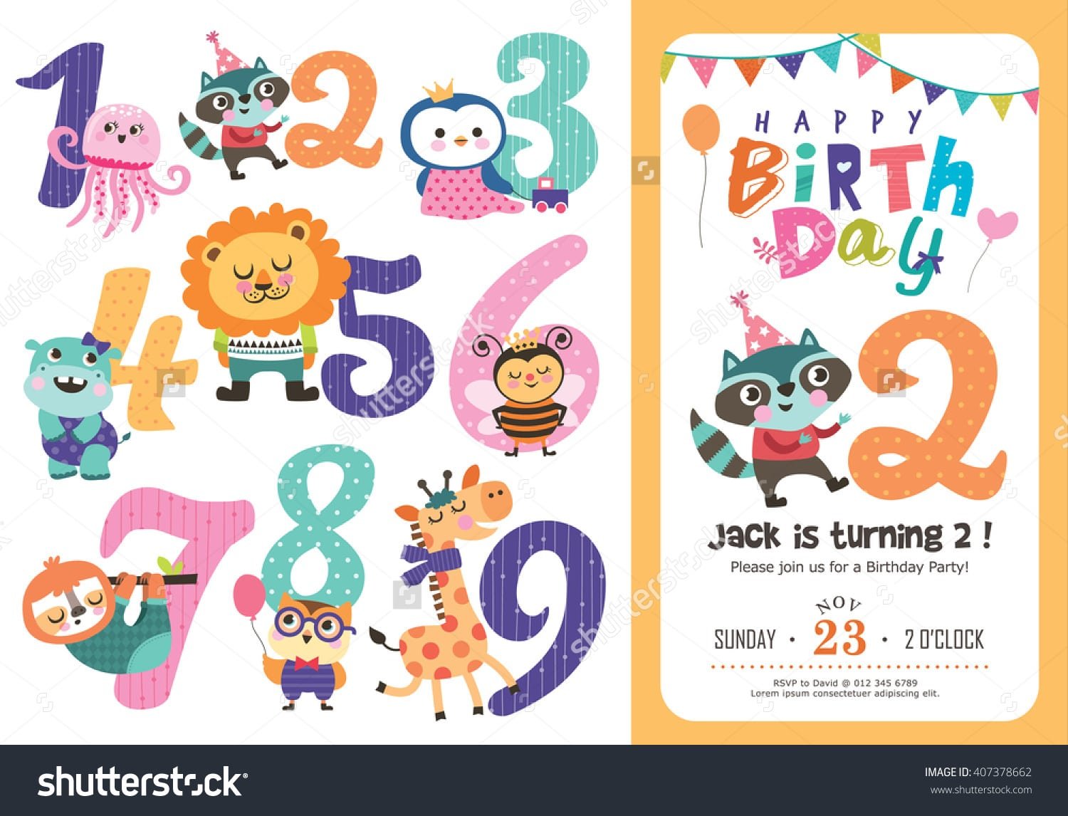 Birthday Anniversary Numbers Cute Animals Birthday Stock Vector