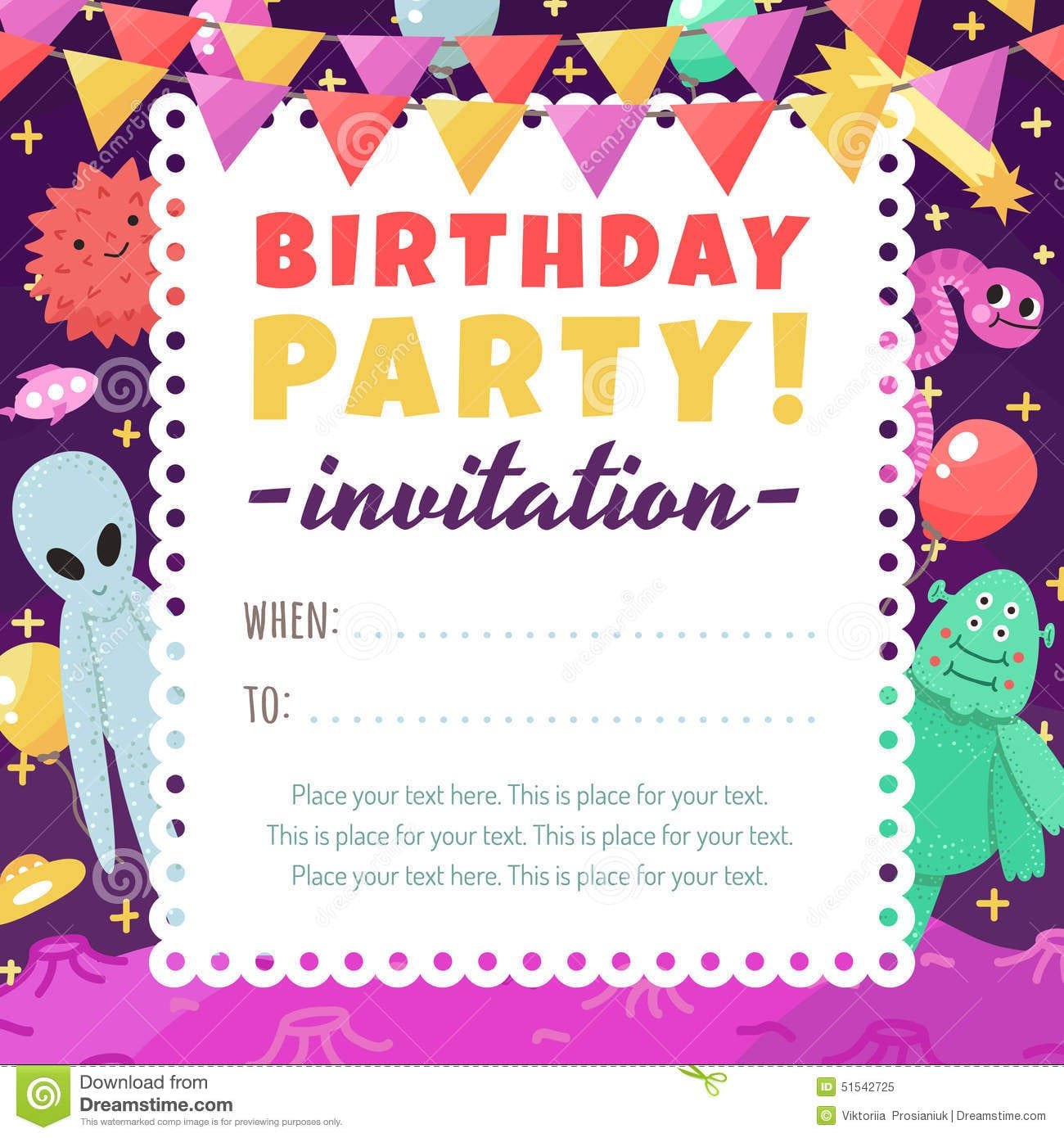 Birthday Party Funny And Cute Space Invitation With Cartoon Aliens