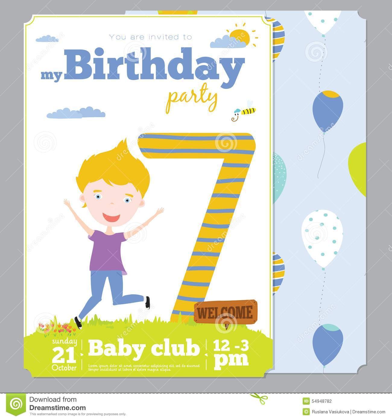 Birthday Party Invitation Card Template With Cute Stock Vector