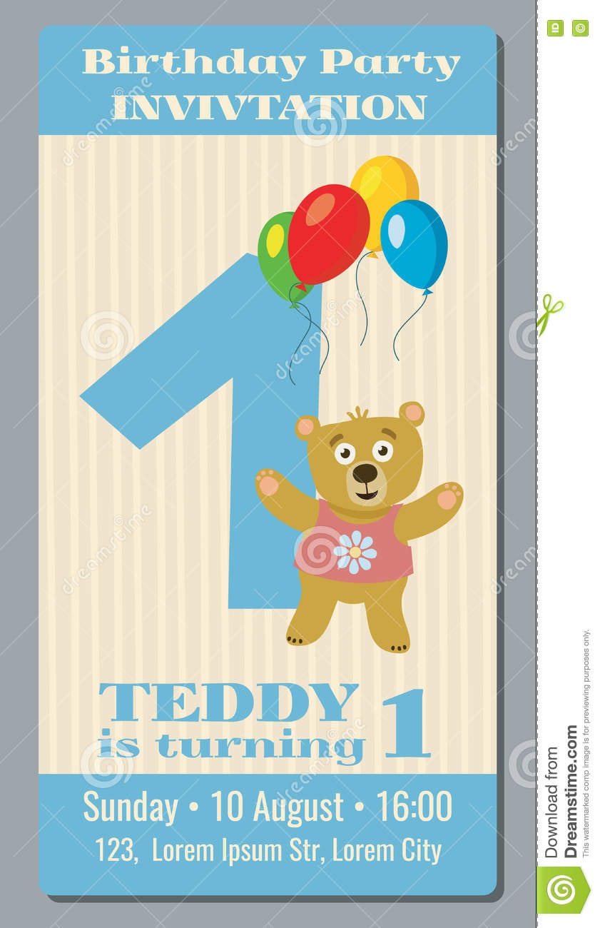 Birthday Party Invitation Card With Cute Bear Vector Template 1