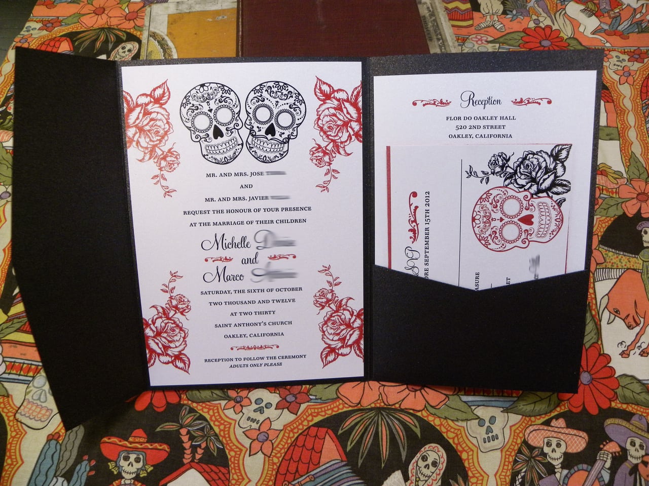 Black & Red Sugar Skull Roses Pocket Folder Wedding Invitations