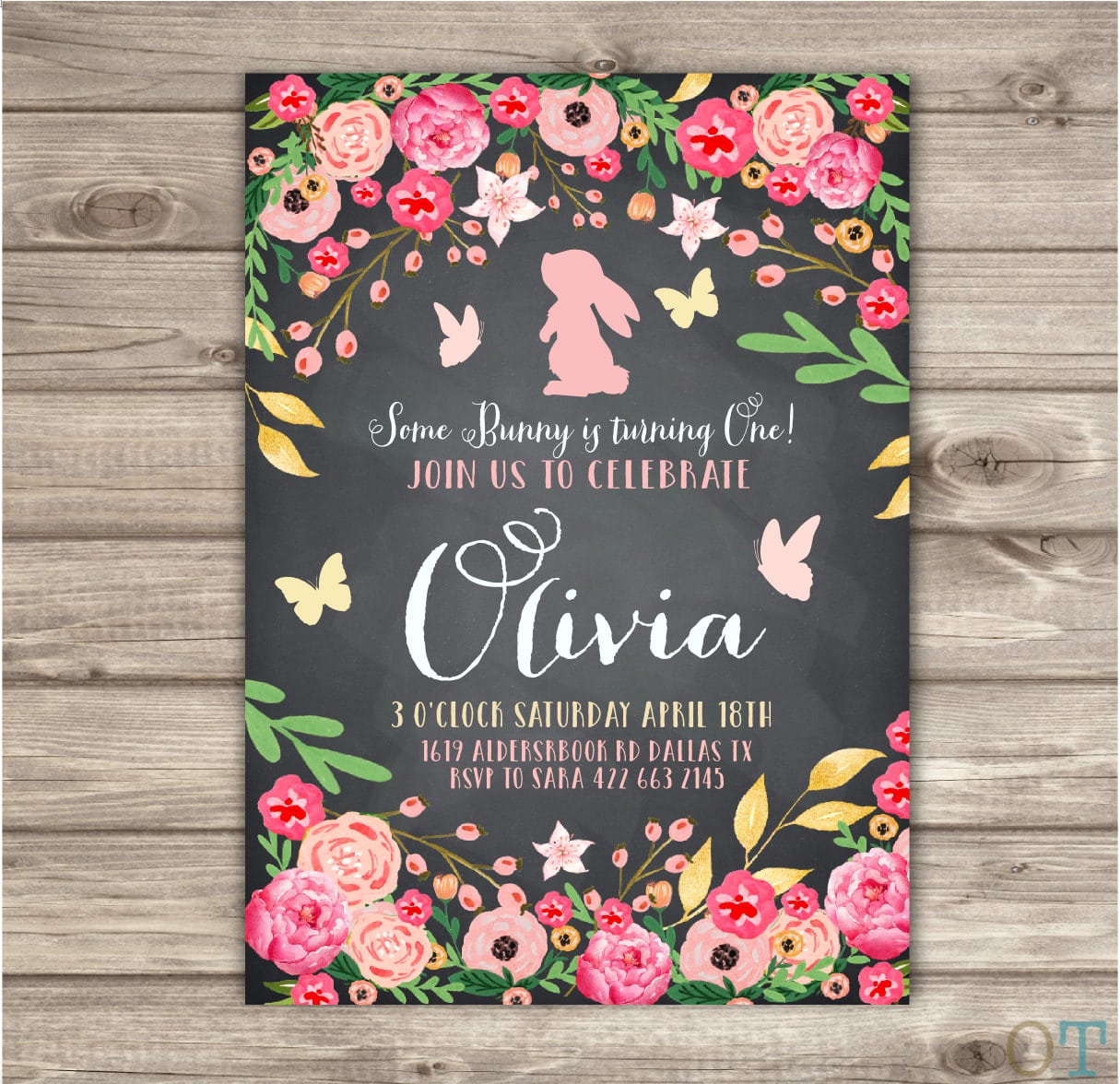 Bunny Birthday Invitation Chalkboard First Birthday Party