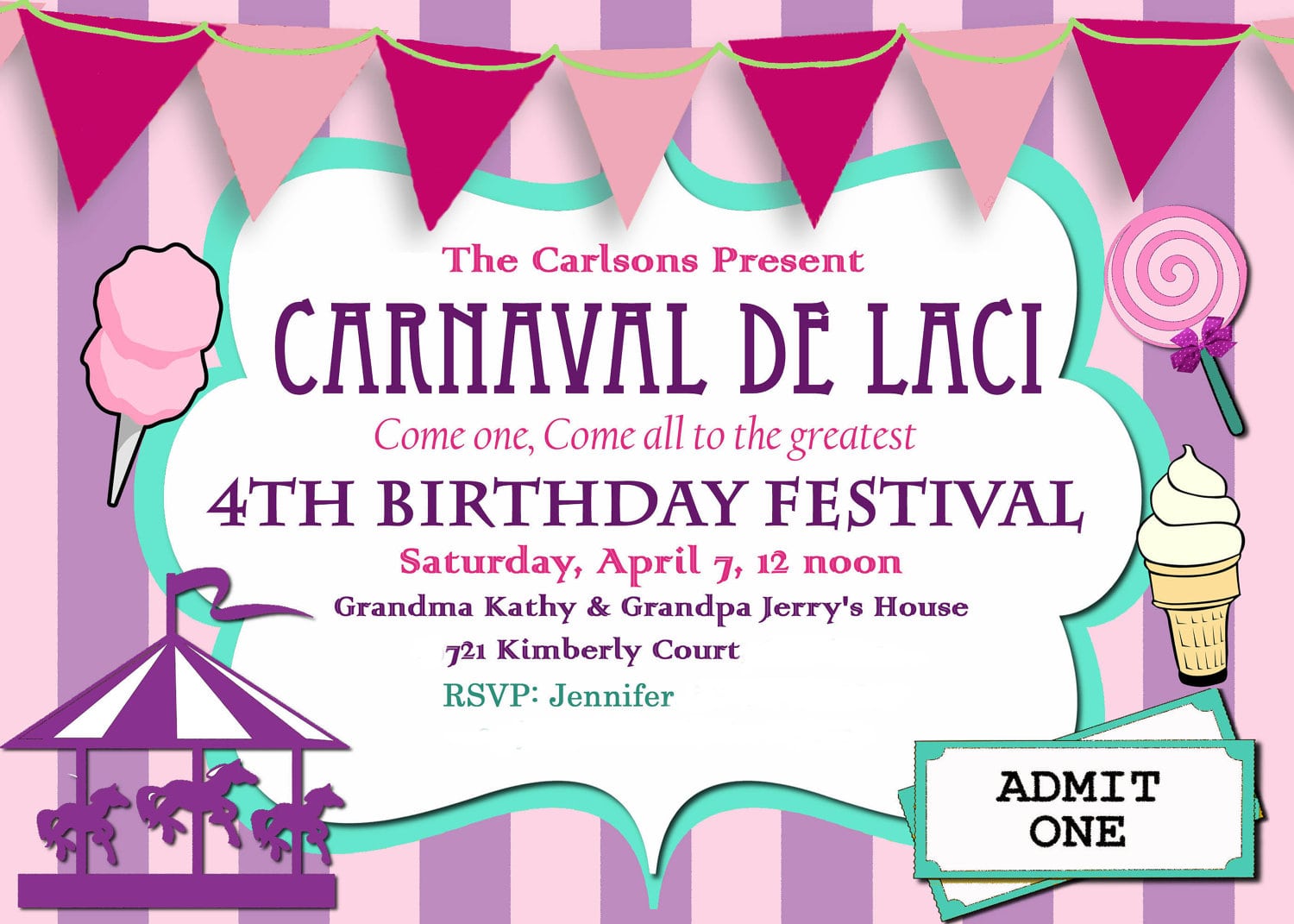 Carnival Birthday Party Invitation Diy Printable Purple And Pink
