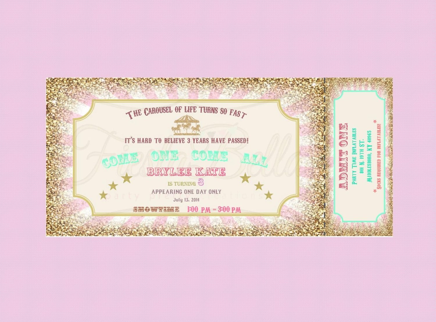 Carousel Birthday Ticket Style Invitation  Mint Green Pink