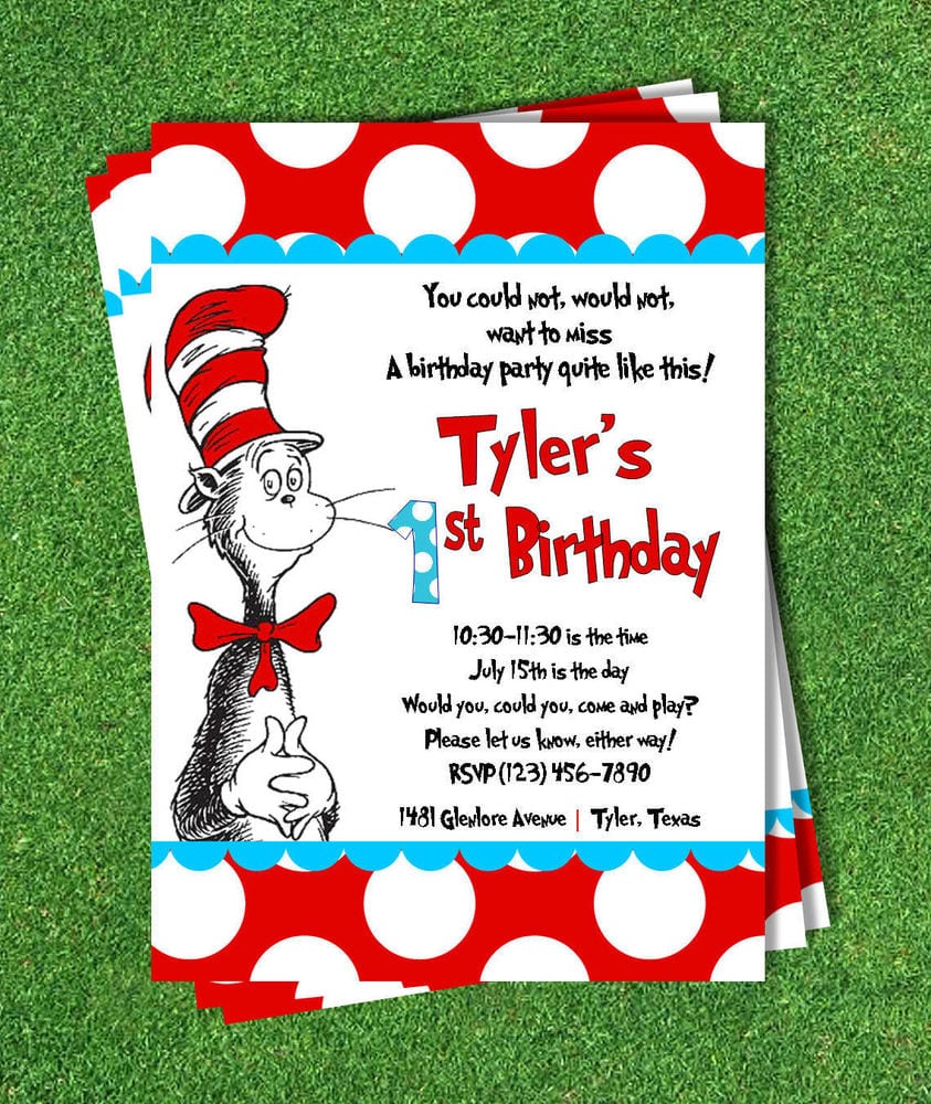 Cat In The Hat Invitation (printed) 5x7 Customized Birthday Party
