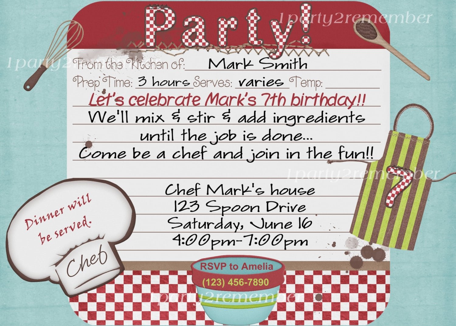 Chef Cooking Party Digital Party Invitation For Girl Or Boy