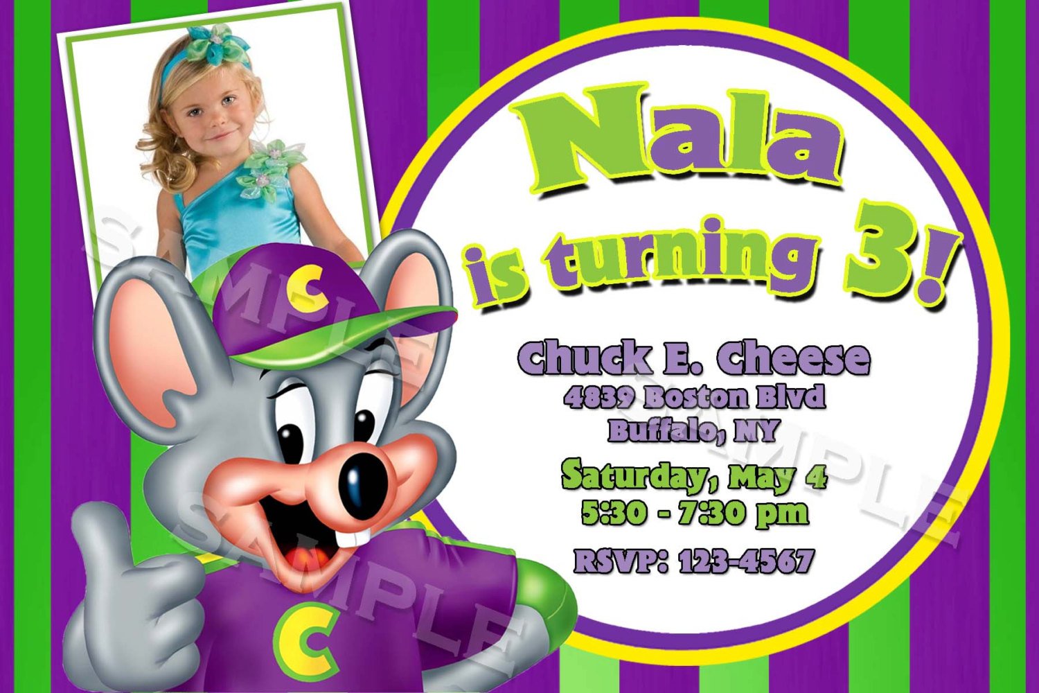 Chuck E Cheese Custom Photo Birthday Party Invitations
