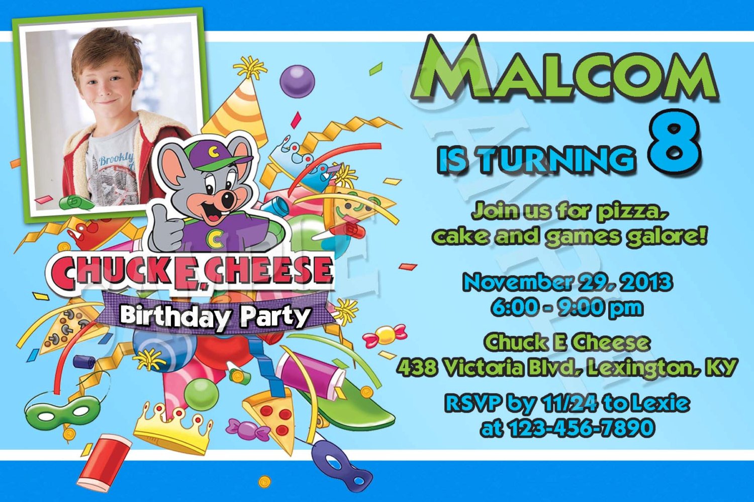 Chuck E Cheese Custom Photo Birthday Party Invitations