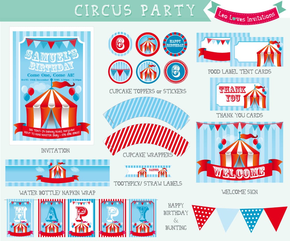 Circus Themed Birthday Party Invitations
