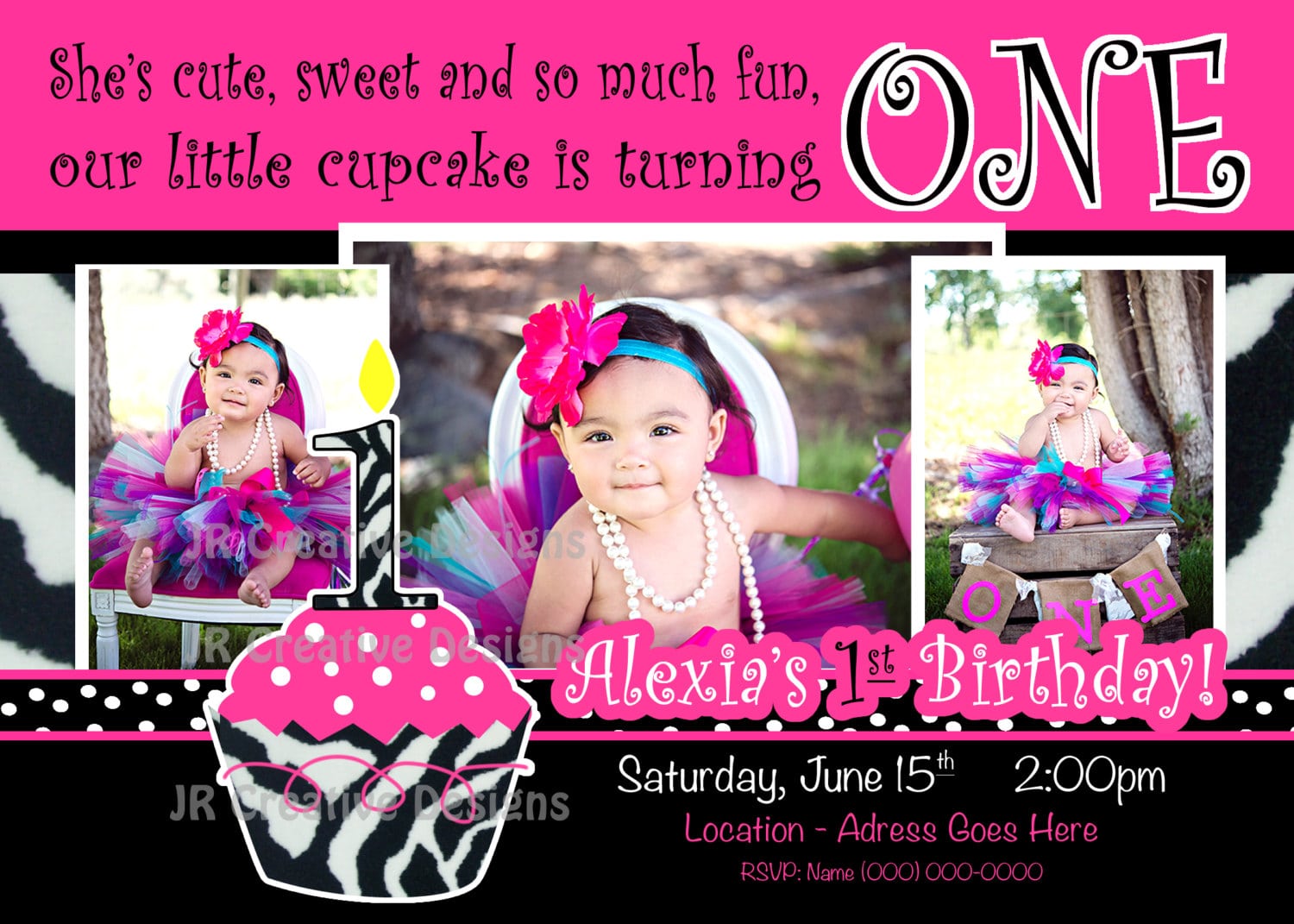 Cupcake Invitation Cupcake Invite Hot Pink Black White Leopard