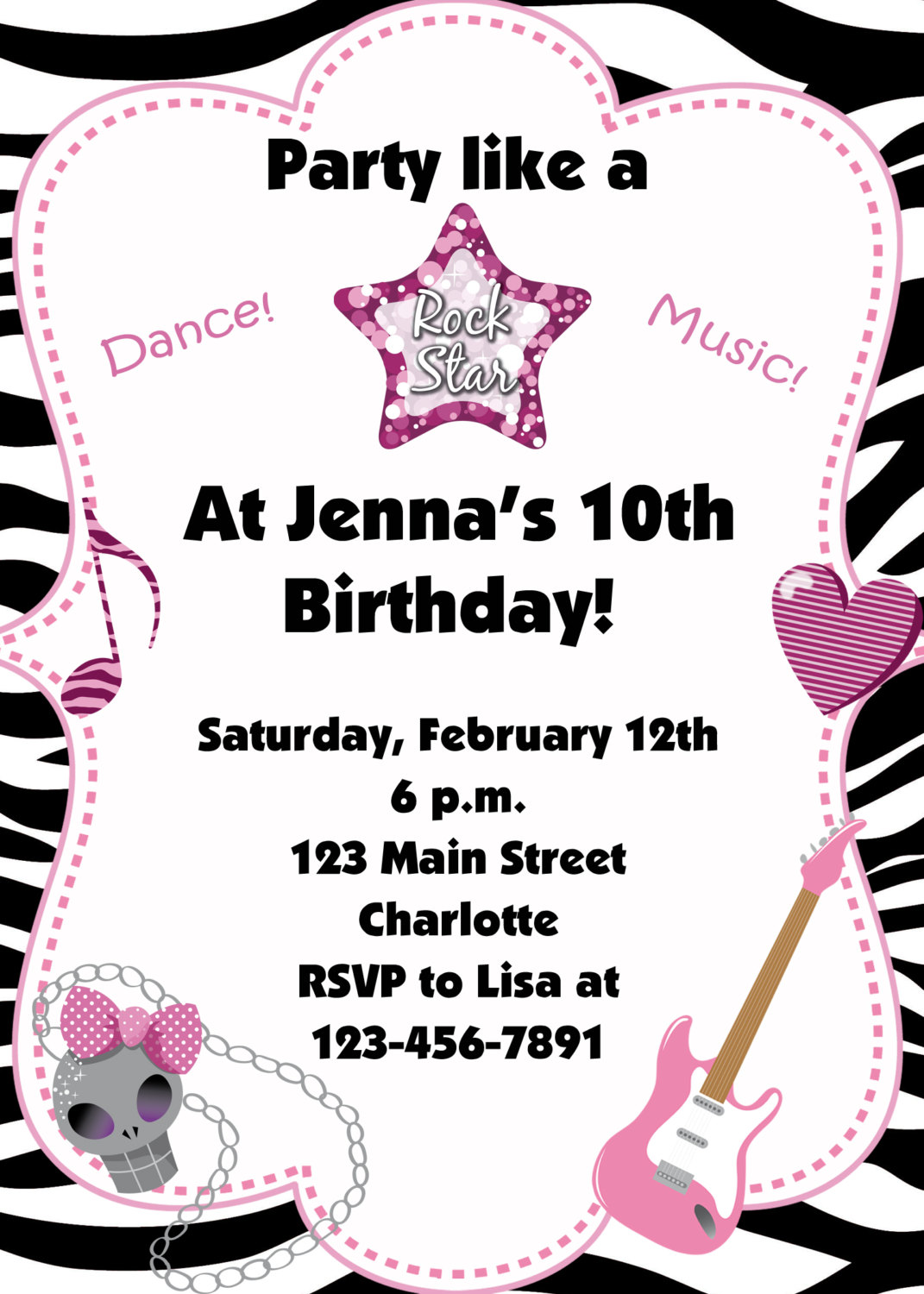 Dance Party Birthday Invitation Rock Star Guitar Music