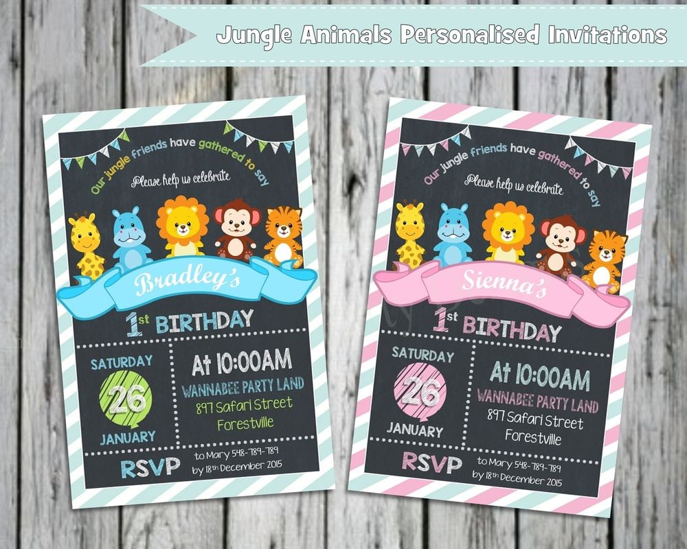 Details About First Birthday Invitations Jungle Animals Safari