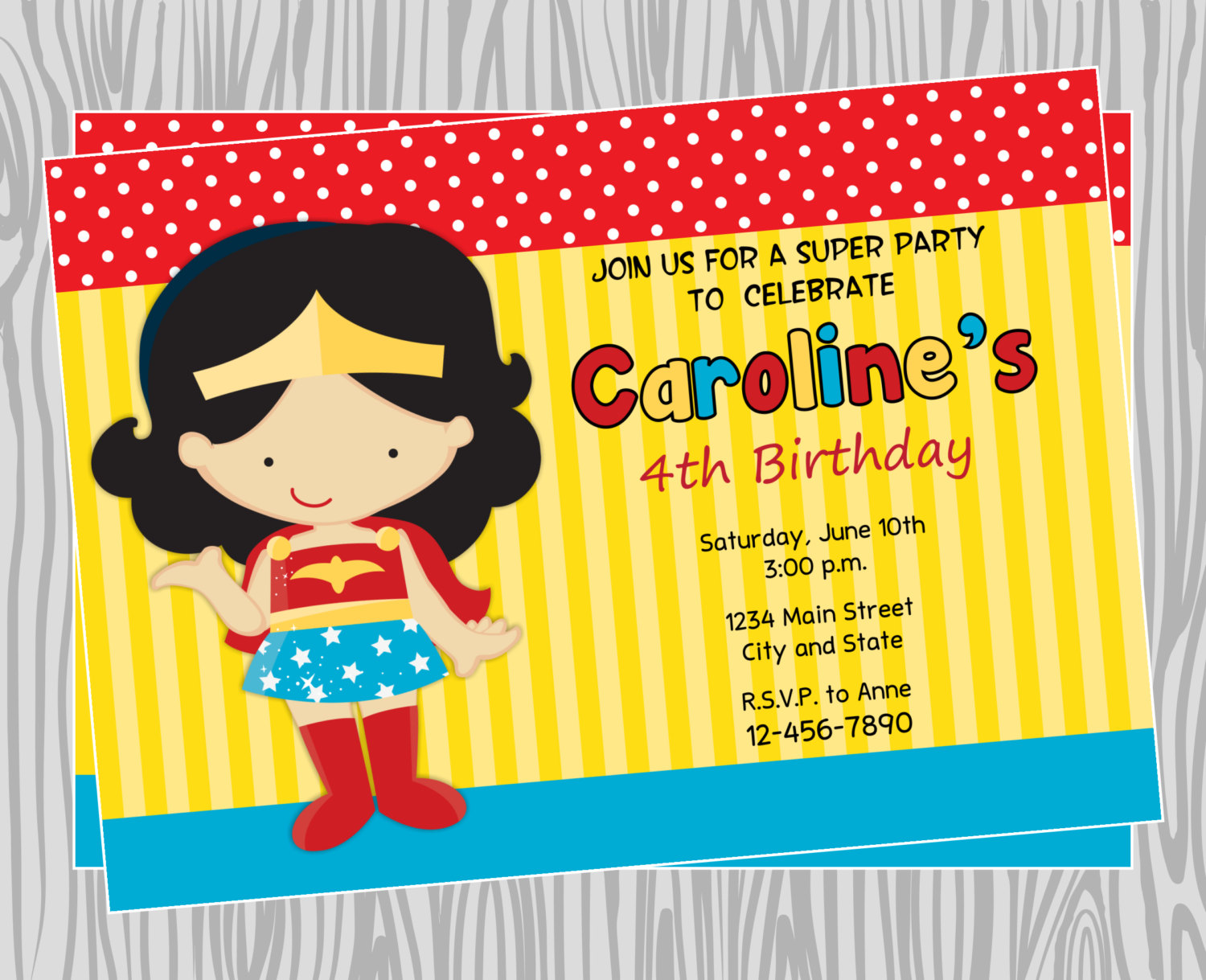 Diy Girl Wonder Woman Superhero Birthday Party Invitation 1