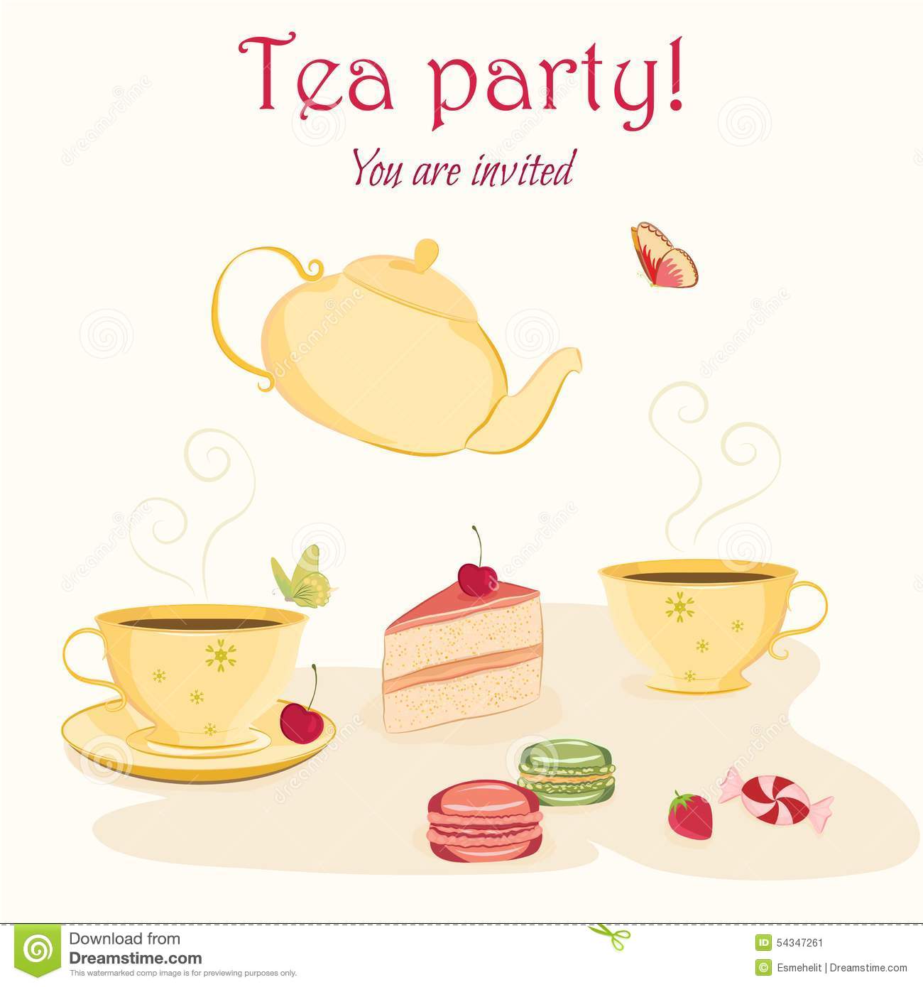 Elegant Tea Party Invitation Template With Teacups Stock Vector