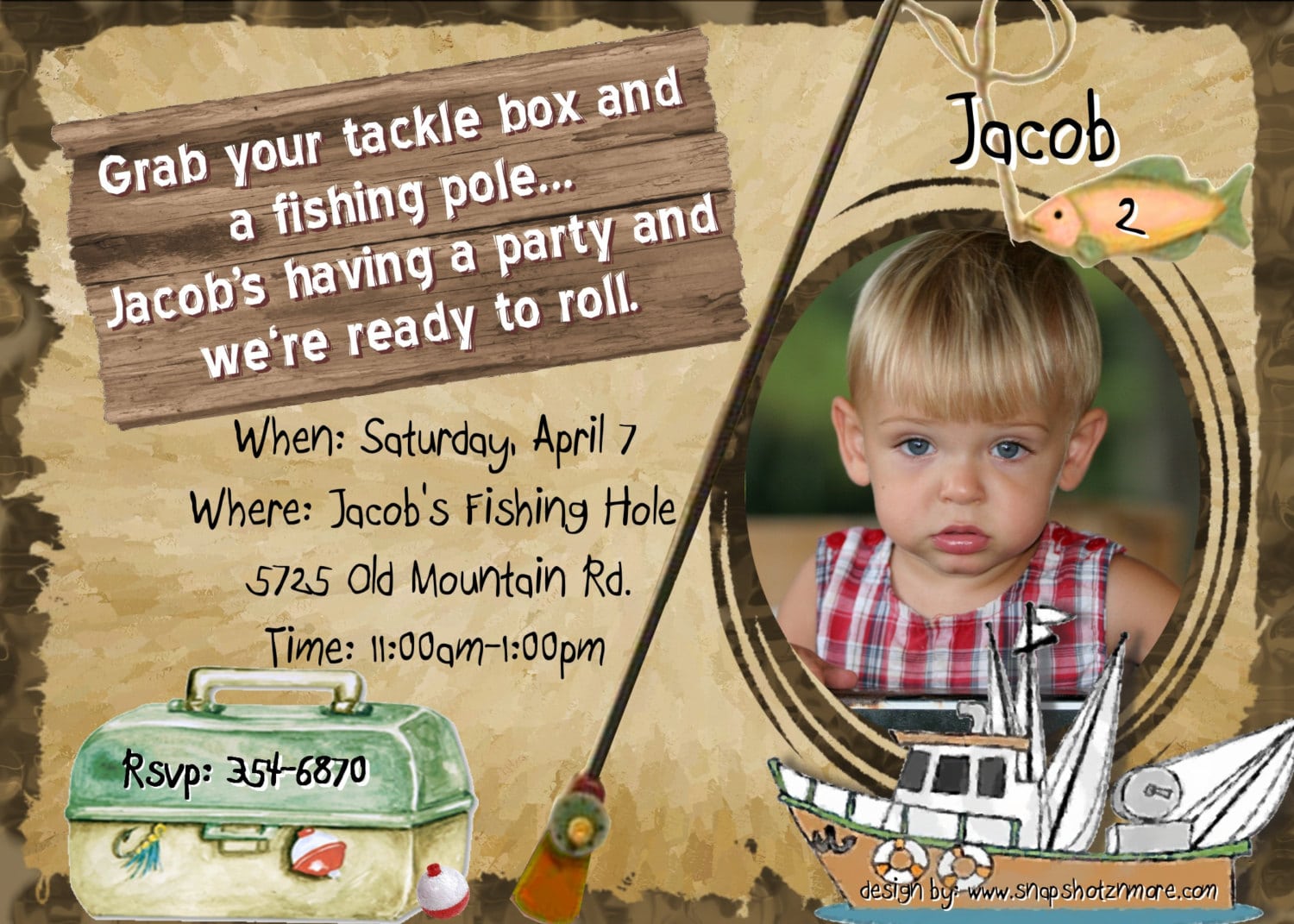 Fishing Birthday Party Invitation Boys Theme Boat Fishing Pole