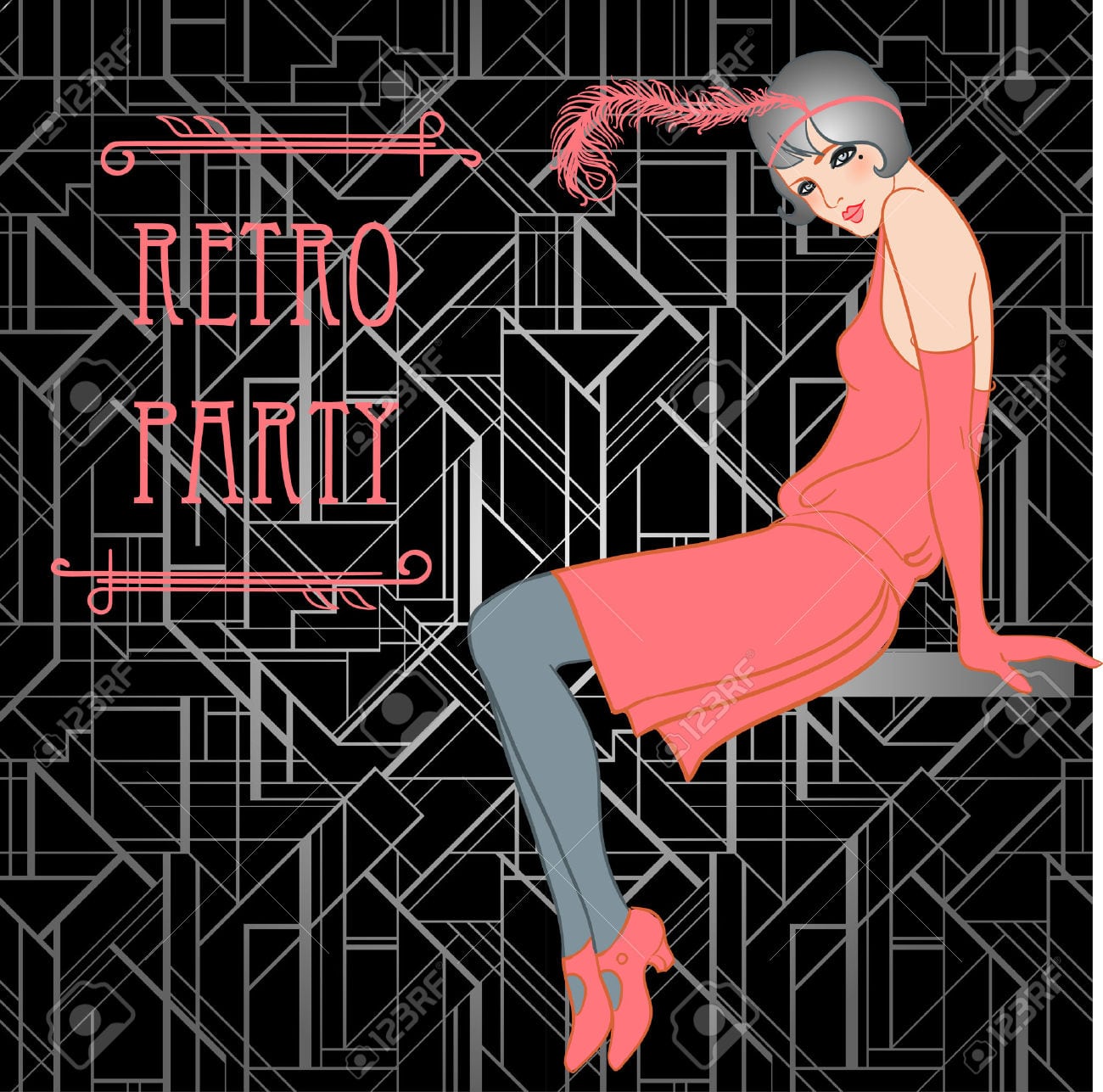 Flapper Girl  Retro Party Invitation Design  Vector Illustration