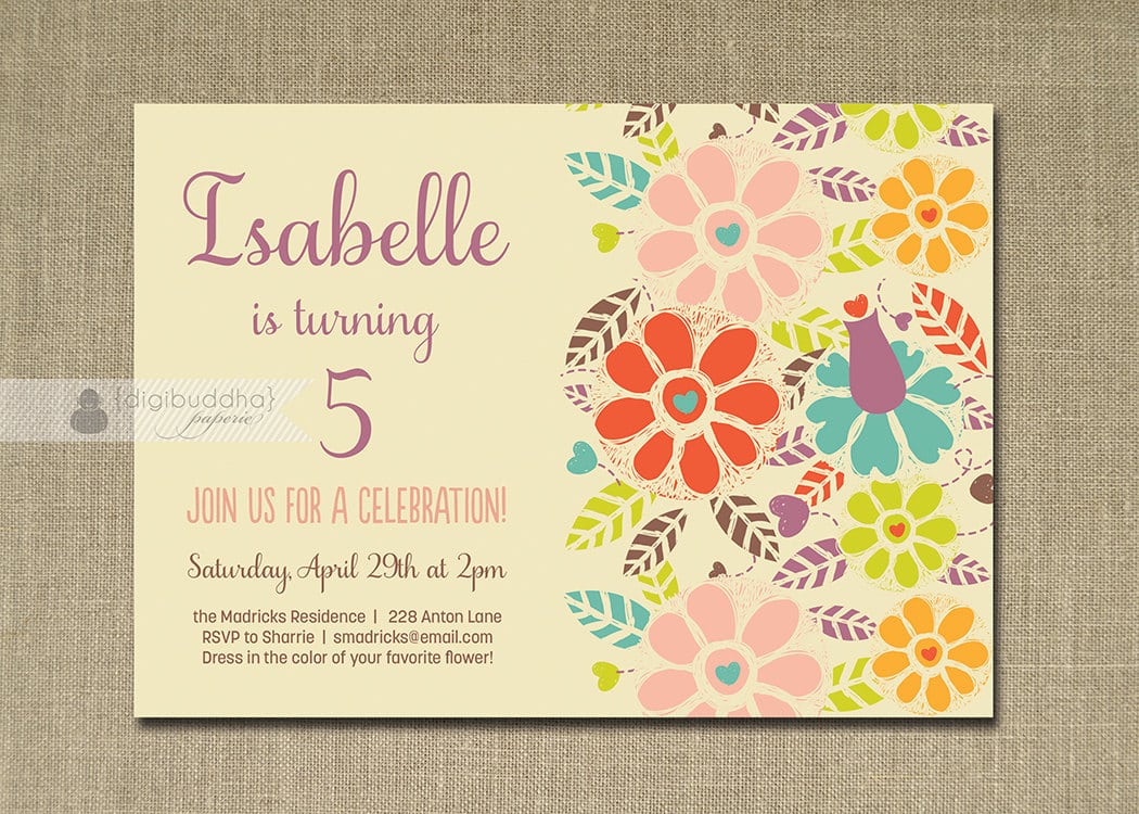Garden Birthday Invitation Pastel Bright Flowers Whimsical