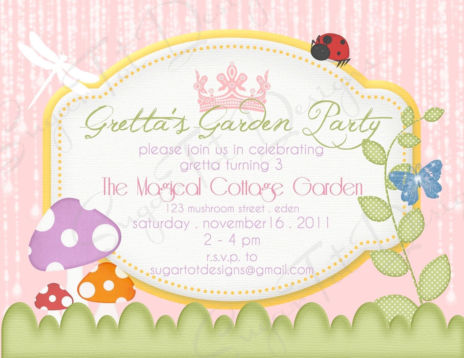 Garden Party Birthday Invitation With Fairies, Snails, Mushrooms