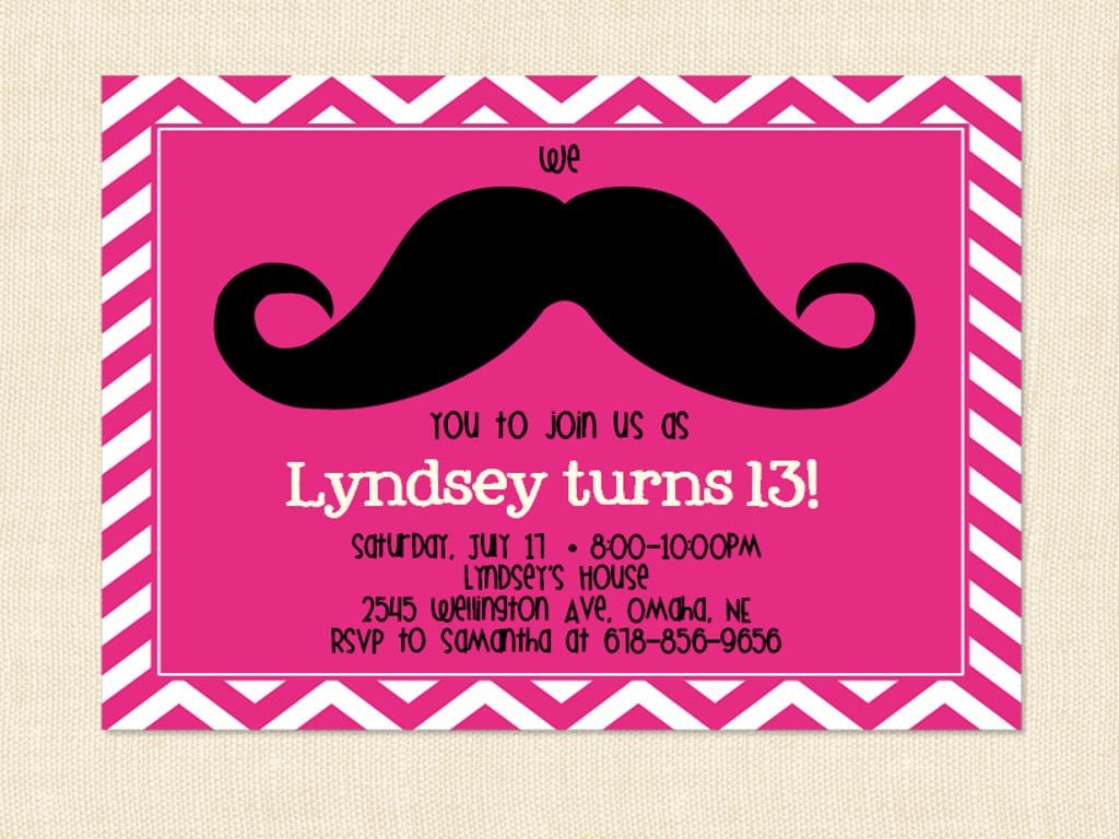 Girl Mustache Birthday Invitation Teen Moustache Printable Chevron