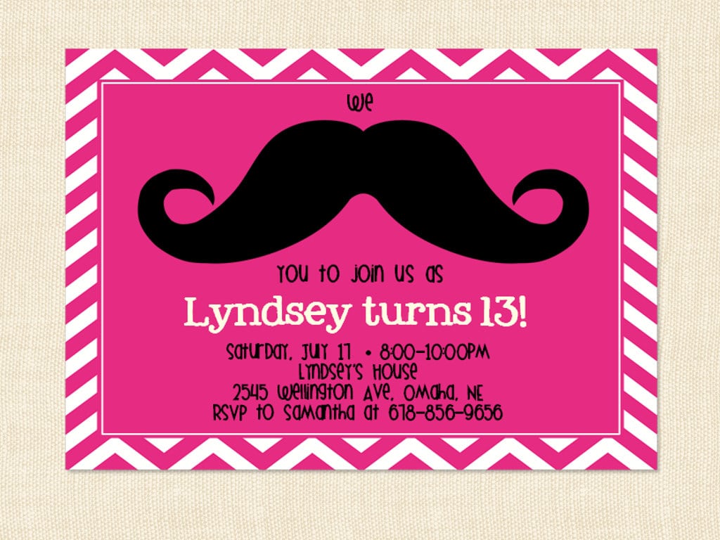 Girl Mustache Birthday Invitation Teen Moustache Printable Chevron
