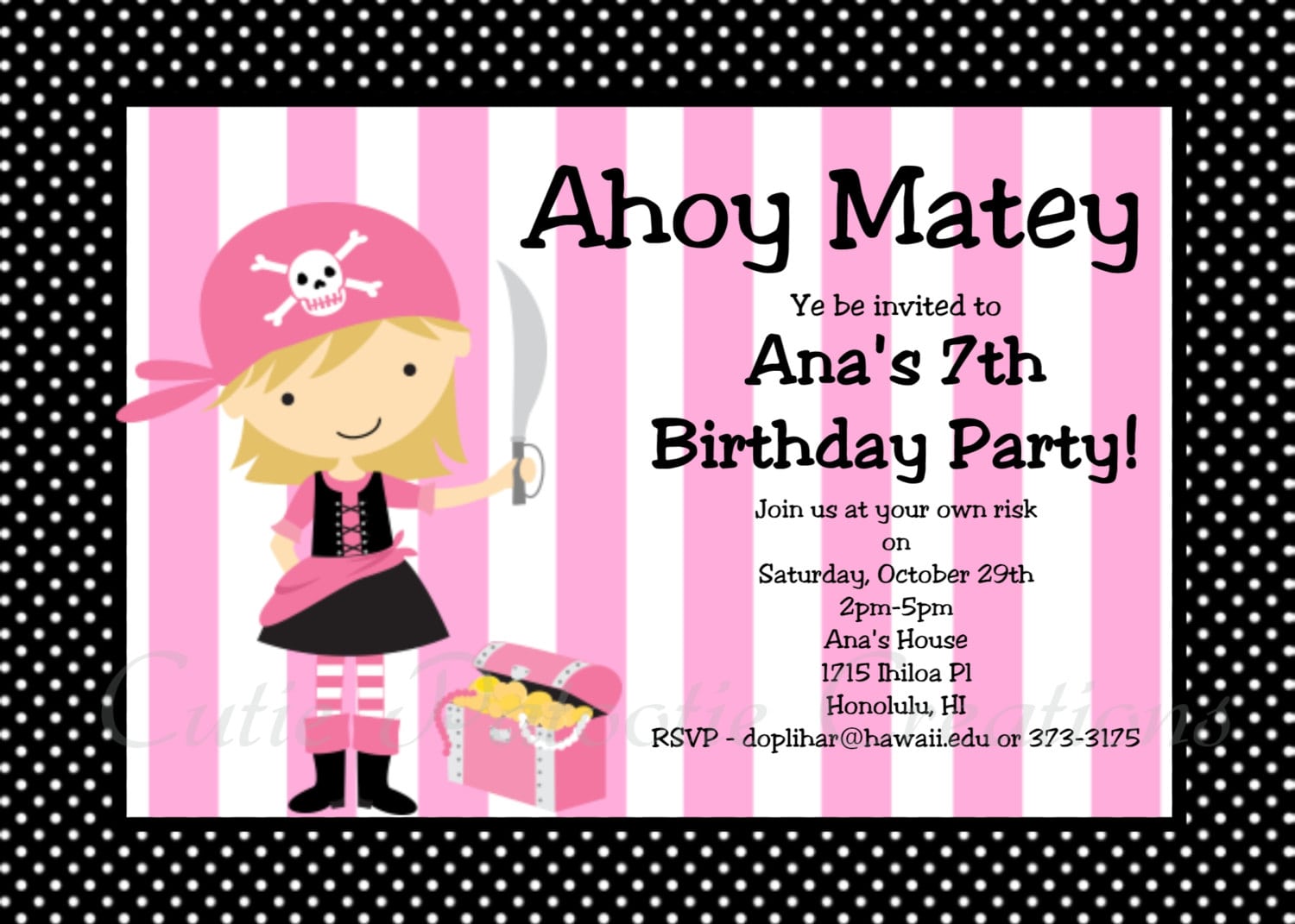 Girl Pirate Birthday Invitations