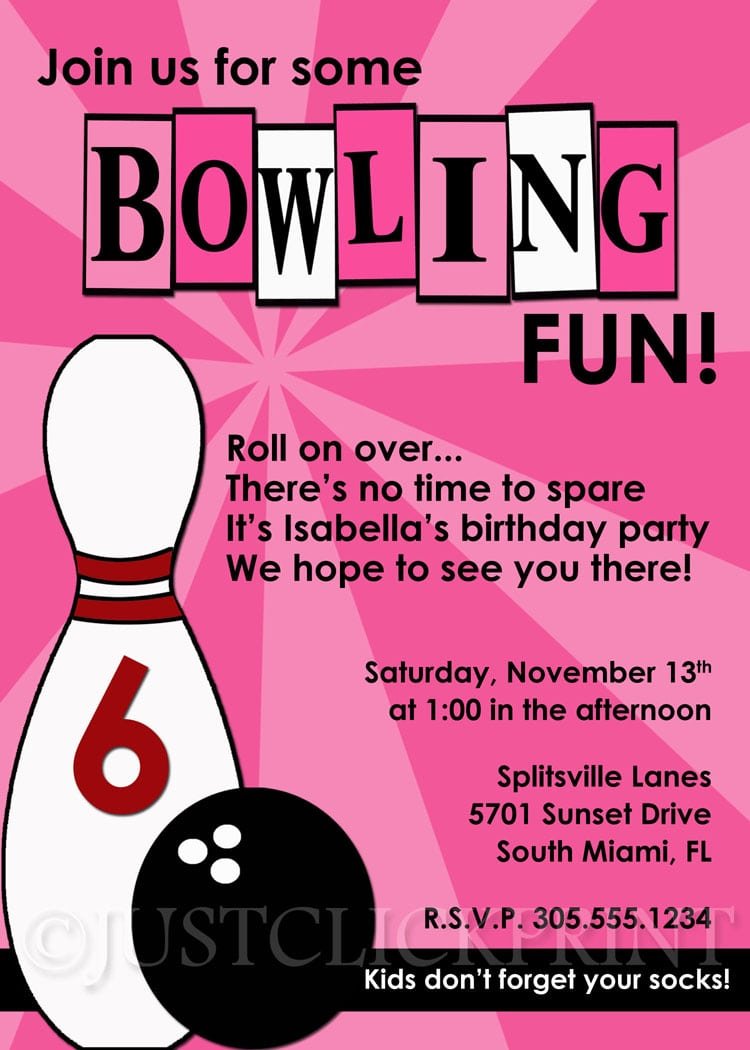 Girls Bowling Fun Birthday Photo Invitation Printable Â· Just Click