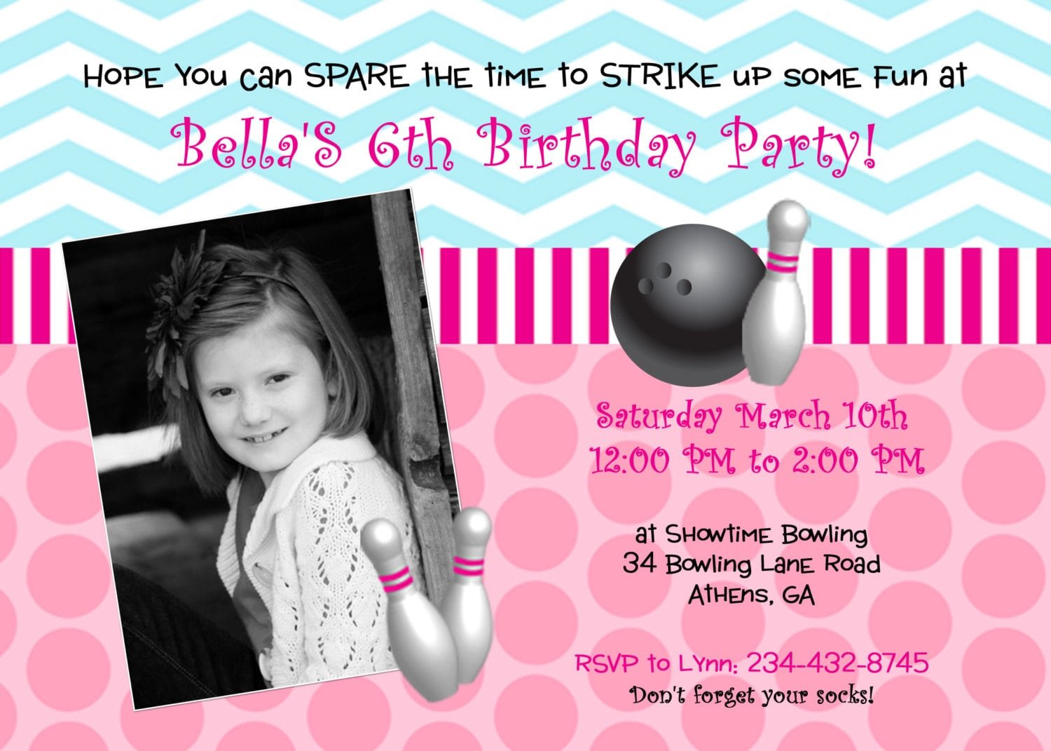 Girly Girl Bowling Birthday Party Invitation