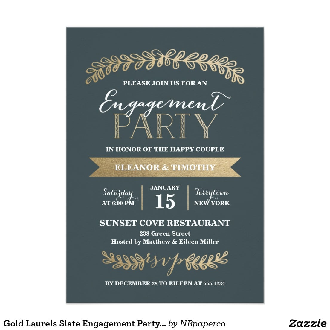Gold Laurels Slate Engagement Party Invitation