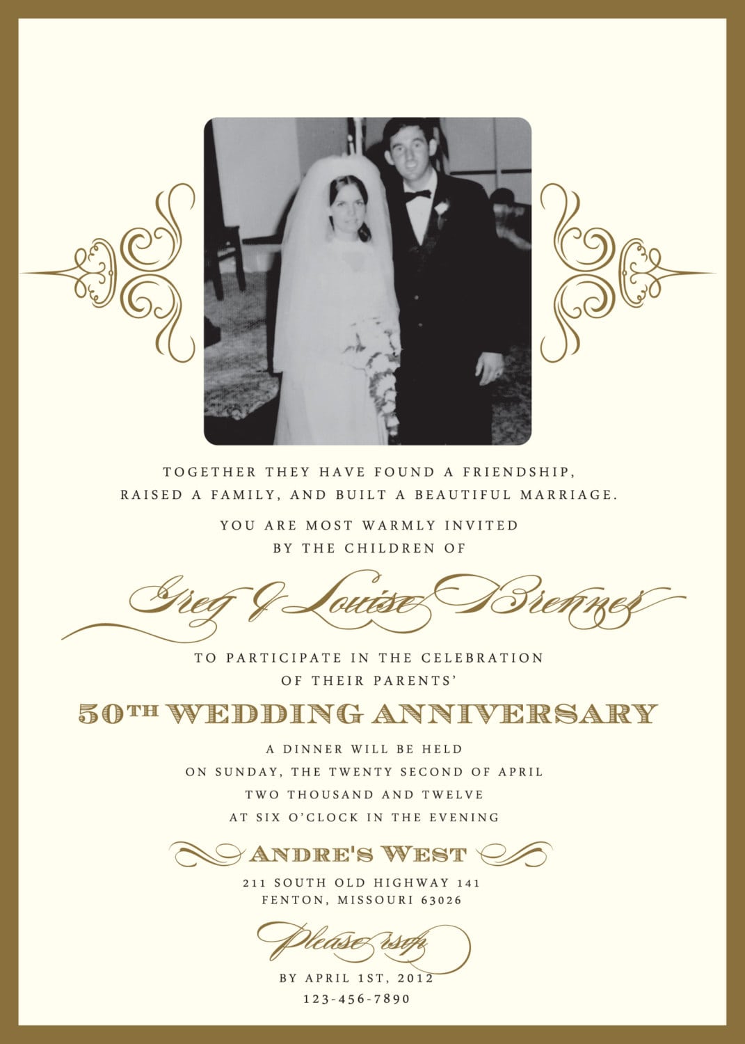 Golden 50th Anniversary Party Invitation Displaying Memorable